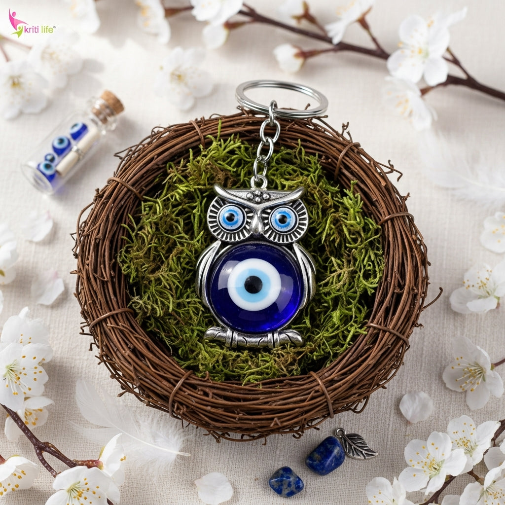 Owl Evil Eye Keychain | Wise Protection Charm with Nazar Bead for