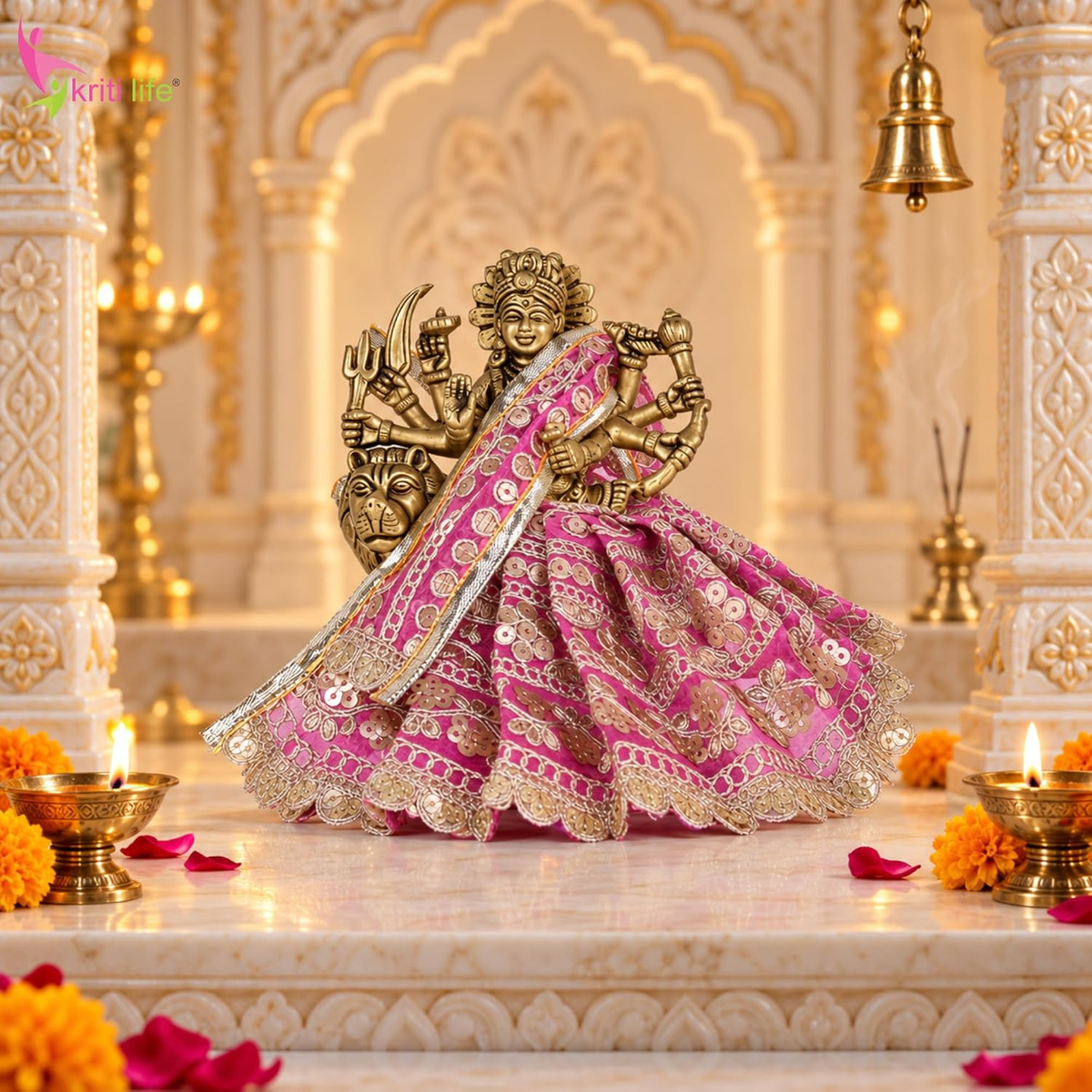 Maa Durga Dress 4 Inch for 7 Inch Idol | Pink Embroidered Poshak with Dupatta | Festival & Pooja Wear