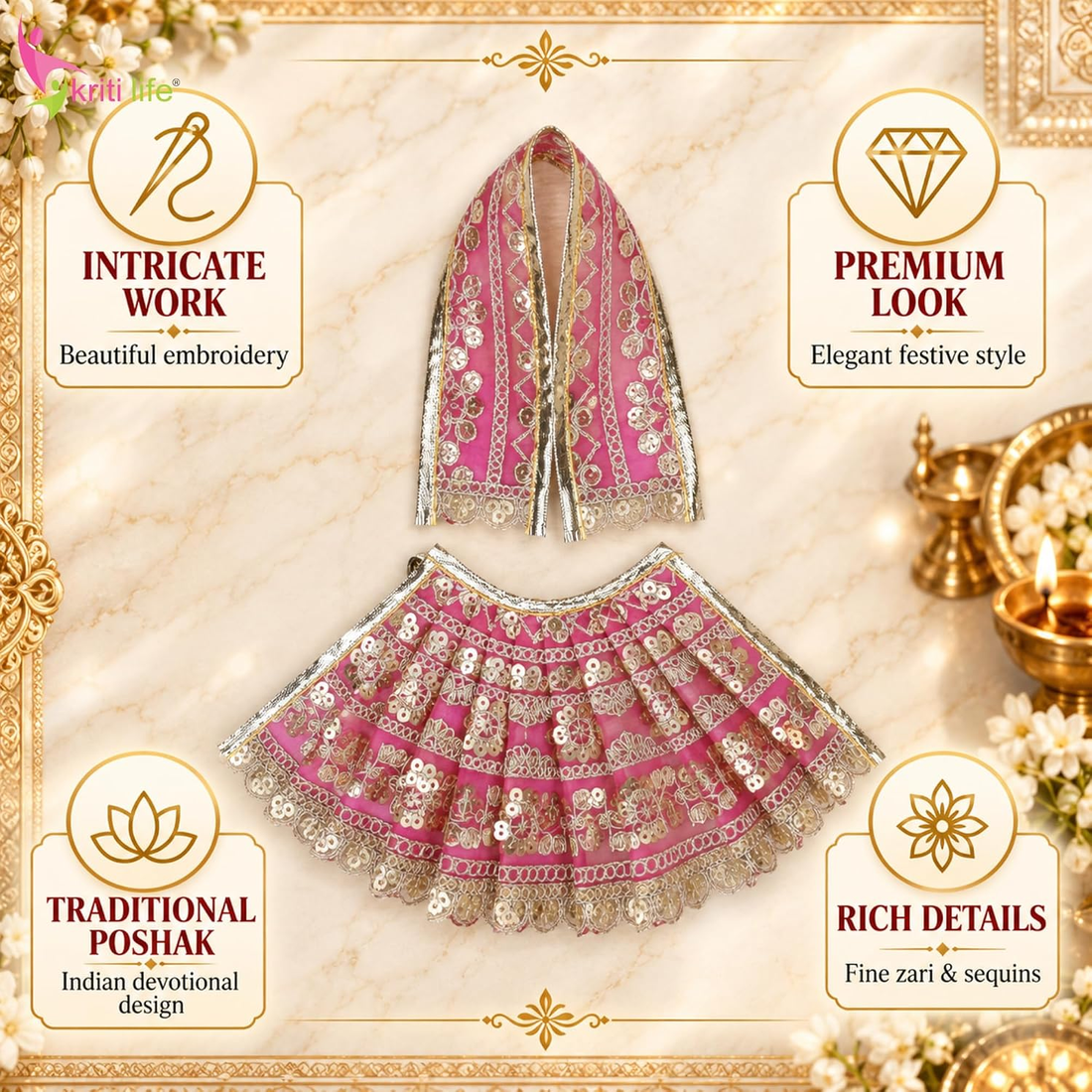 Maa Durga Dress 4 Inch for 7 Inch Idol | Pink Embroidered Poshak with Dupatta | Festival & Pooja Wear