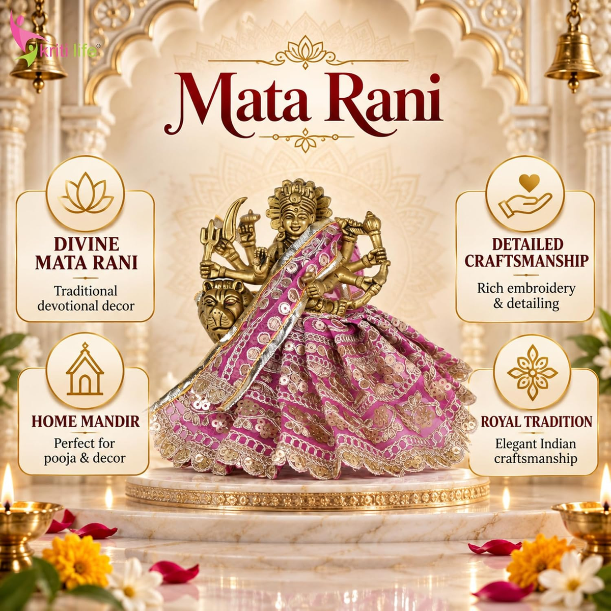 Maa Durga Dress 4 Inch for 7 Inch Idol | Pink Embroidered Poshak with Dupatta | Festival & Pooja Wear
