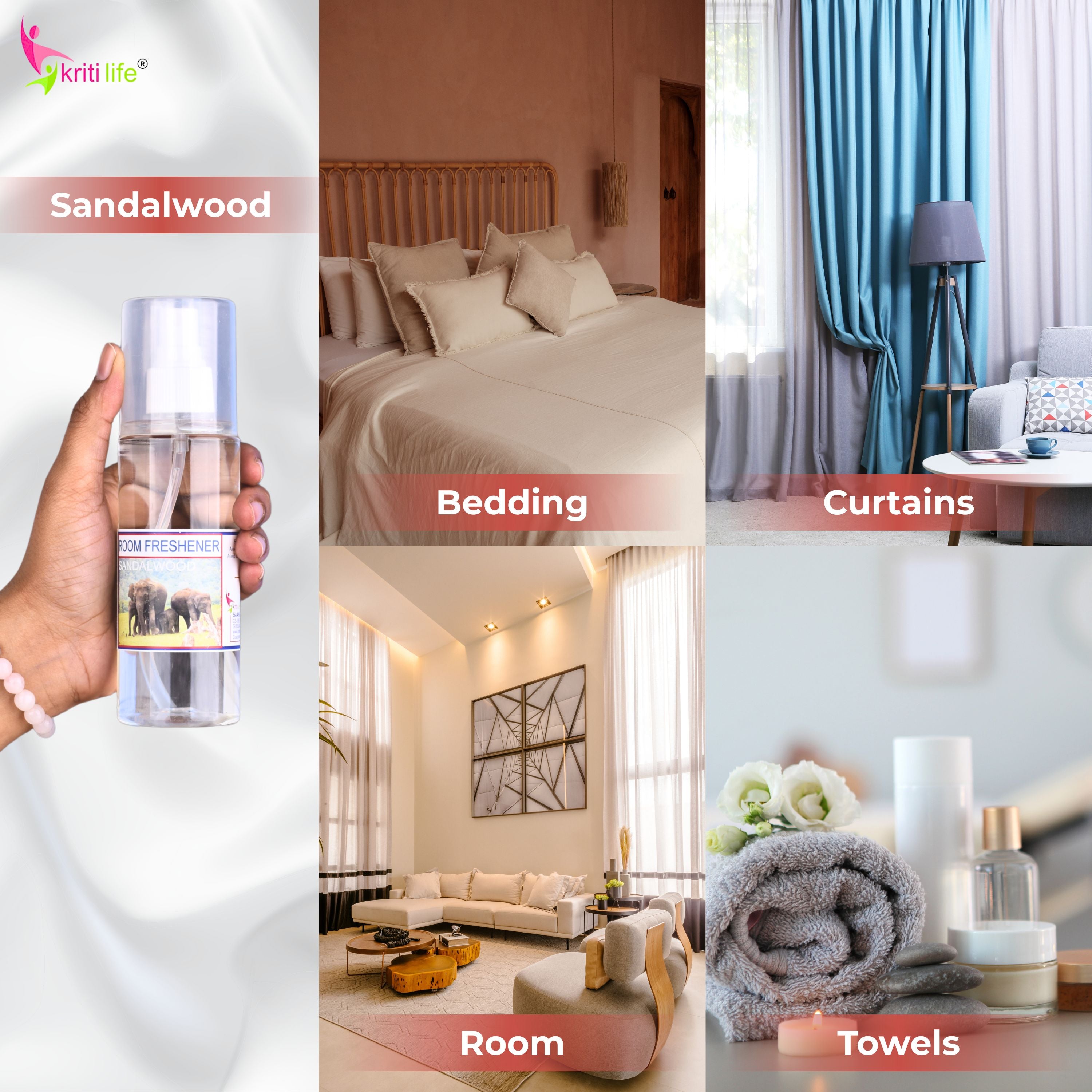 Kriti Life Room Spray - Sandalwood 165 ML Long-Lasting Fragrance for Home &amp; Office