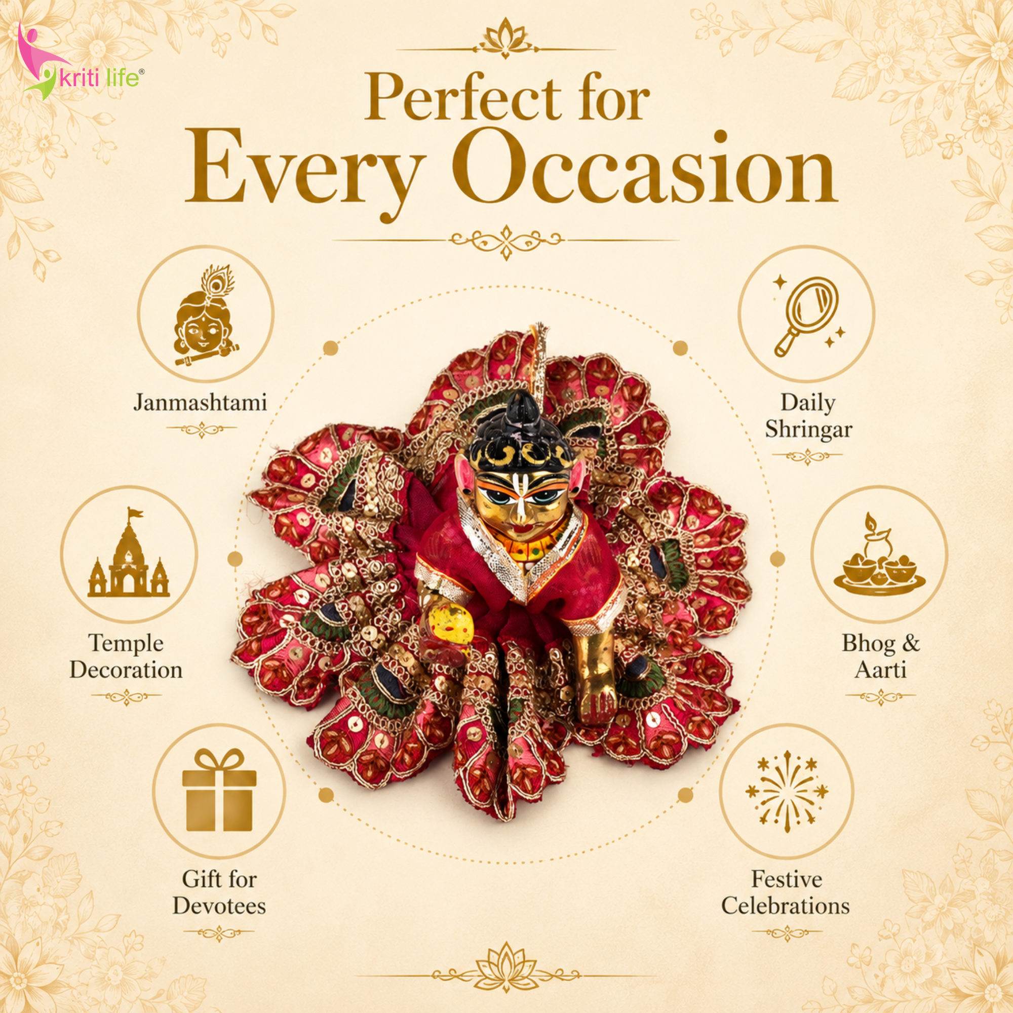 Laddu Gopal Dress for 4 Inch Idol | Red Ethnic Traditional Poshak with Embroidery and Sequins