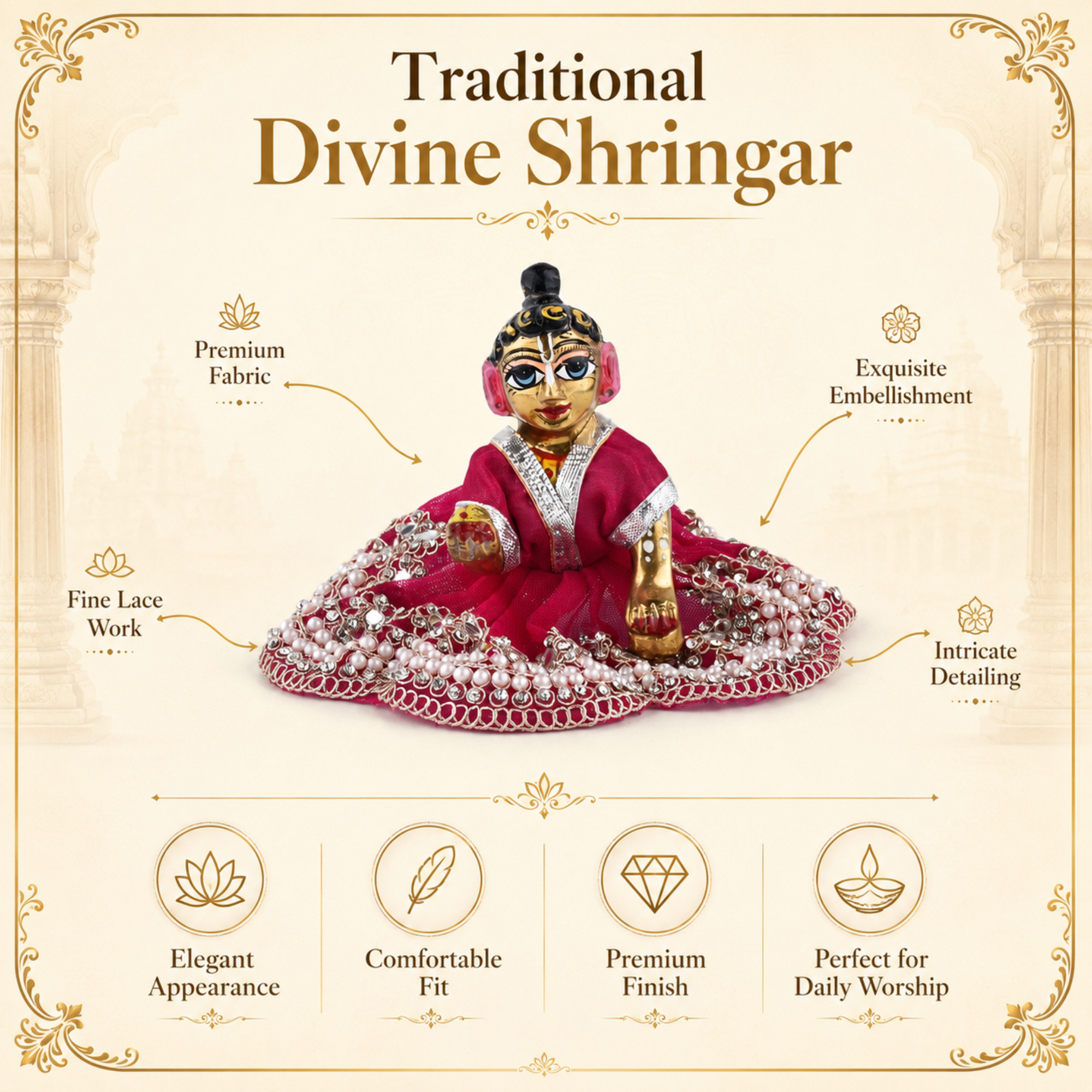 Royal Red Laddu Gopal Dress for 4 Inch Idol – Pearl & Stone Work Designer Poshak