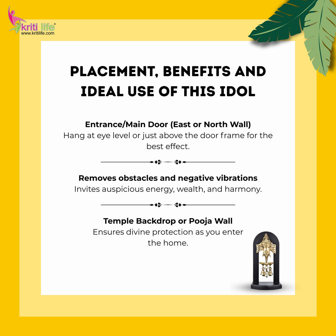 Brass Ganesha Wall Hanging Bell with Wooden Frame -11 inches – Decorative and Auspicious Door/Wall Accent