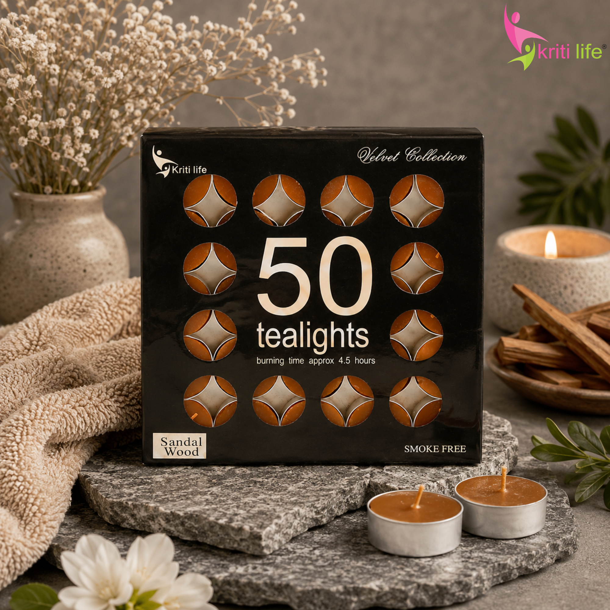 Sandalwood Scented Tealight Candles | 4.5 Hour Burn | Set of 50
