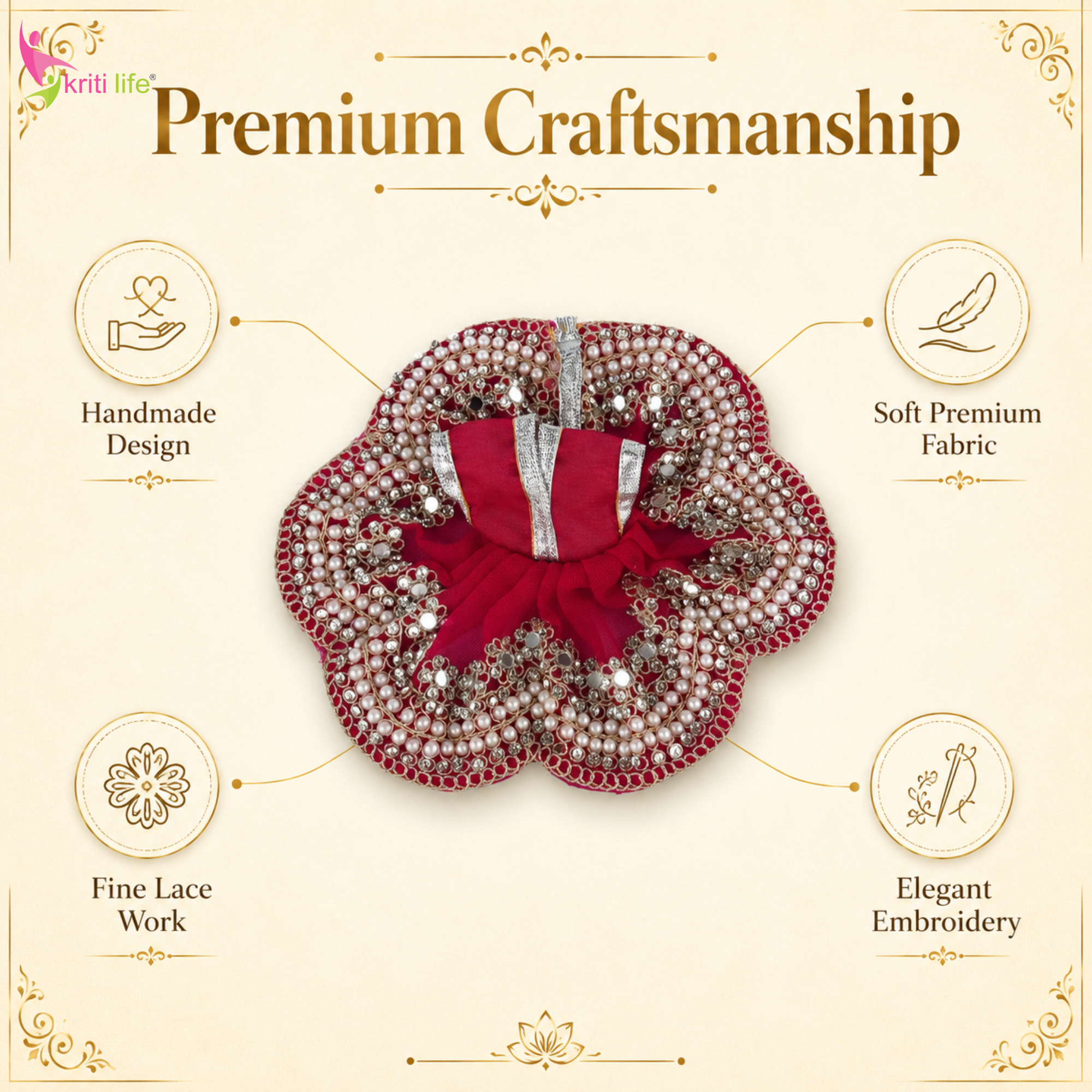 Royal Red Laddu Gopal Dress for 4 Inch Idol – Pearl & Stone Work Designer Poshak