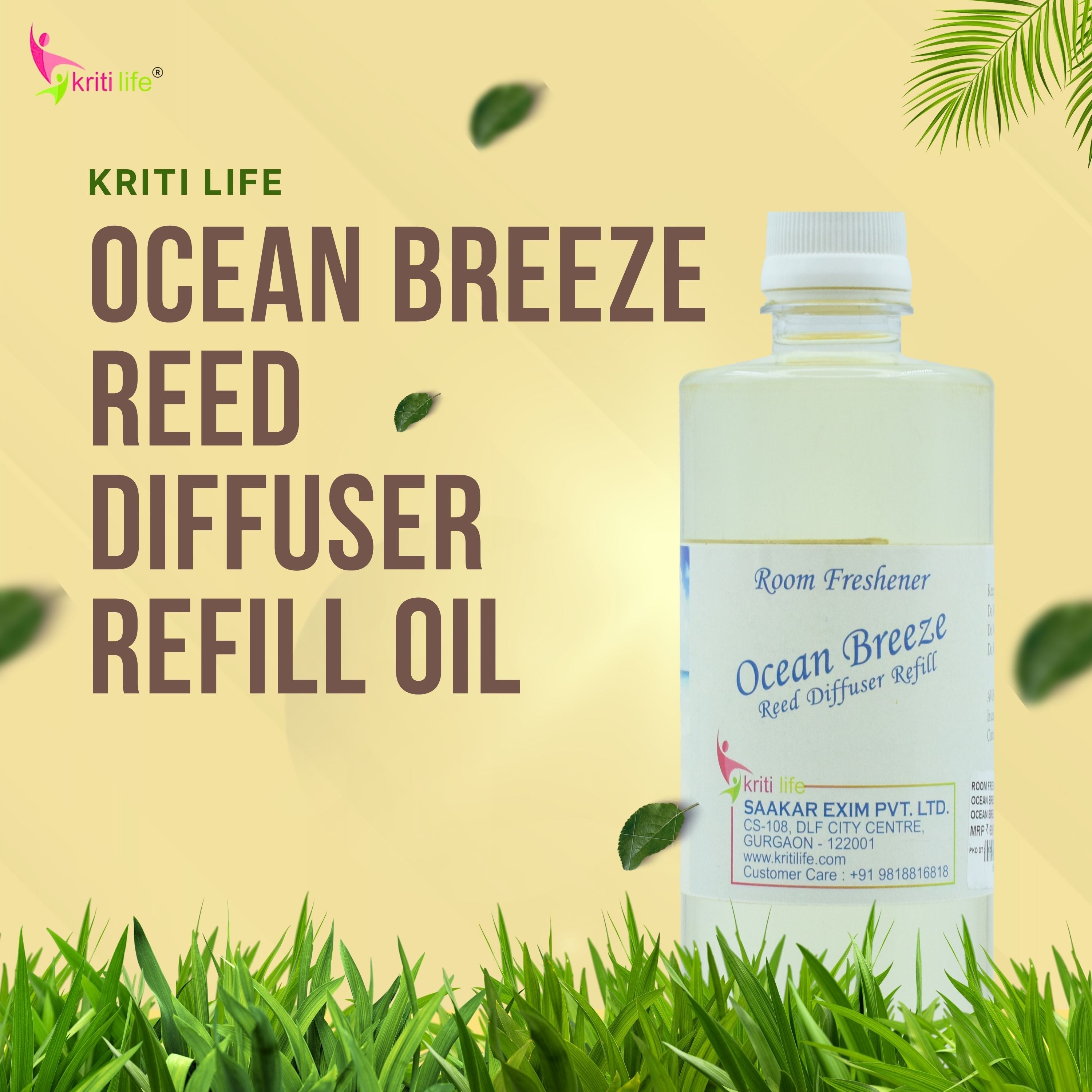 Kriti Life Reed Diffuser Refill - Ocean Breeze 450ML Long-Lasting Room Fragrance