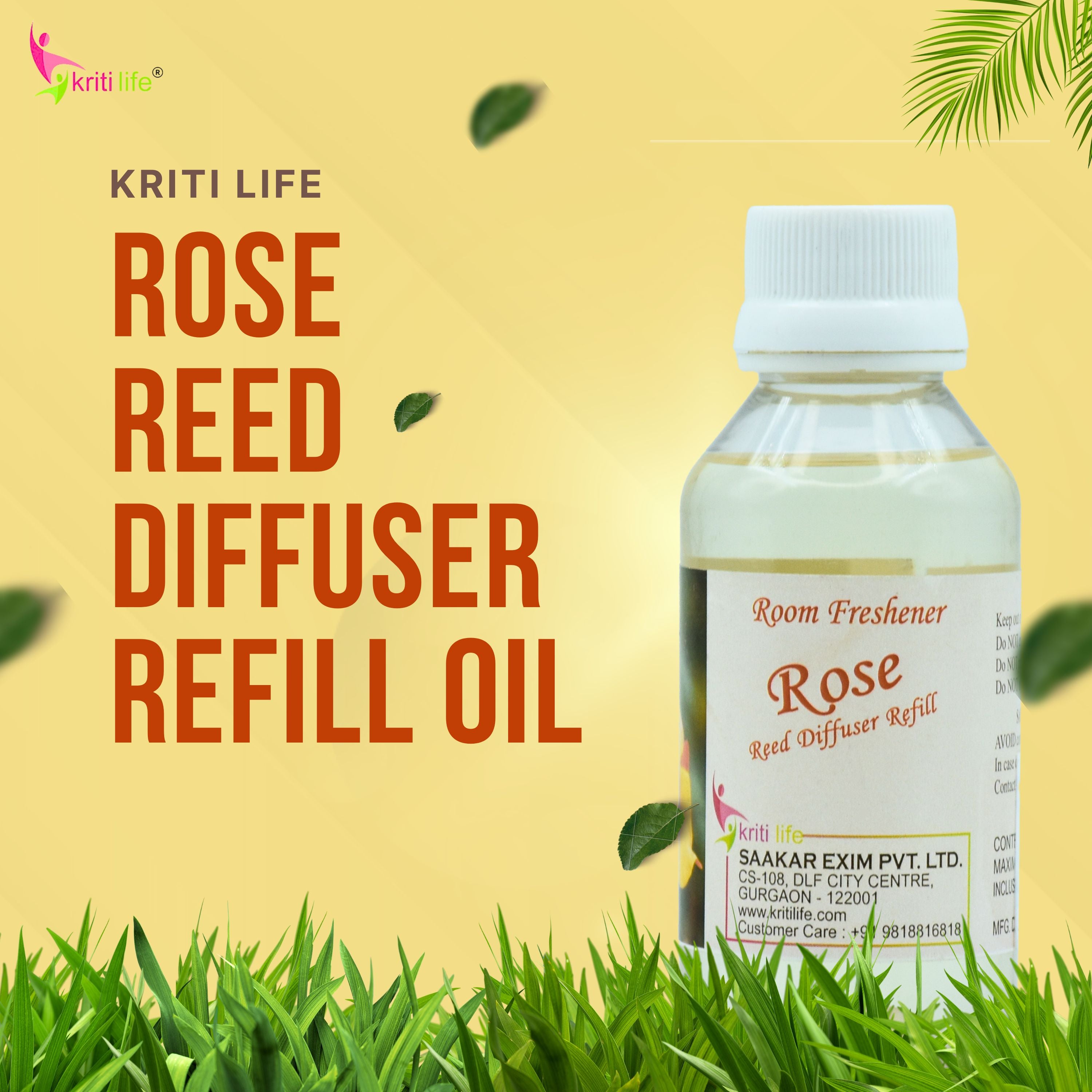 Kriti Life Reed Diffuser Refill - Rose 90ML Long-Lasting Room Fragrance