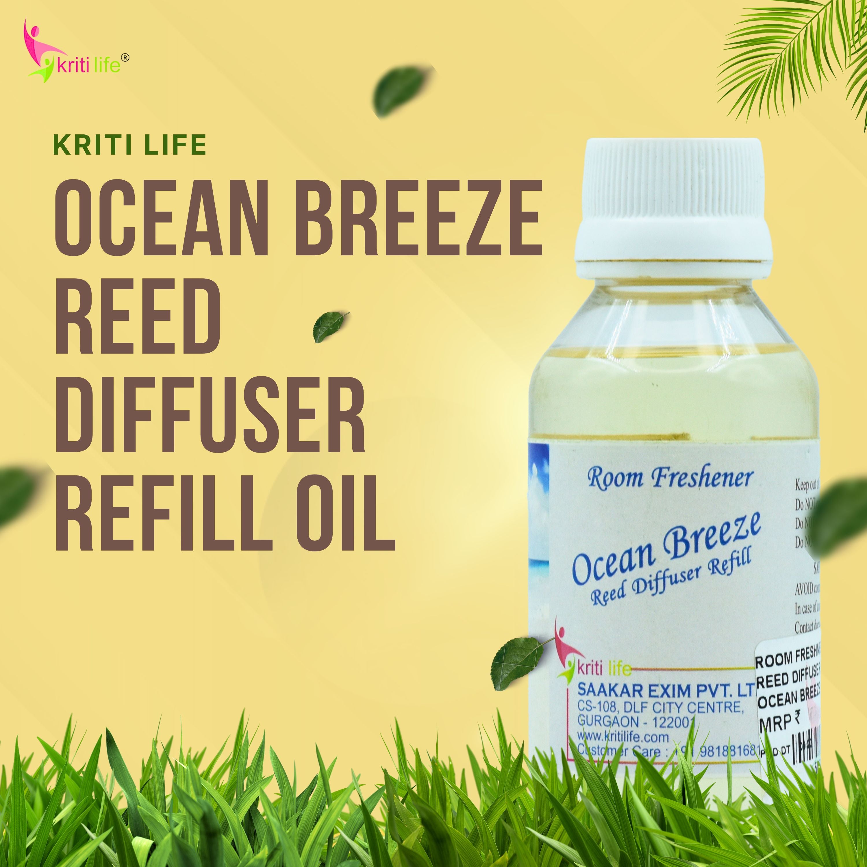 Kriti Life Reed Diffuser Refill - Ocean Breeze 90ML Long-Lasting Room Fragrance