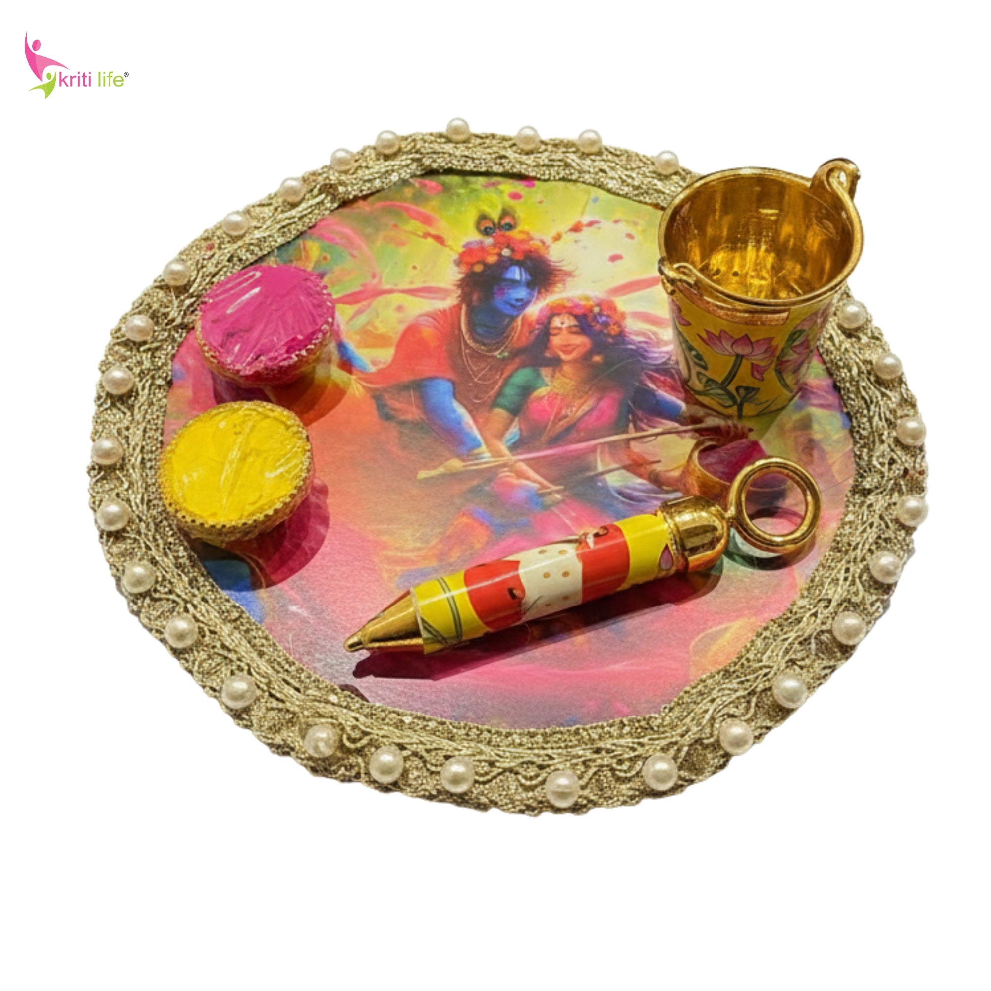 Holi Pooja Thali Set With Gula, Mini Pichkari and Bucket