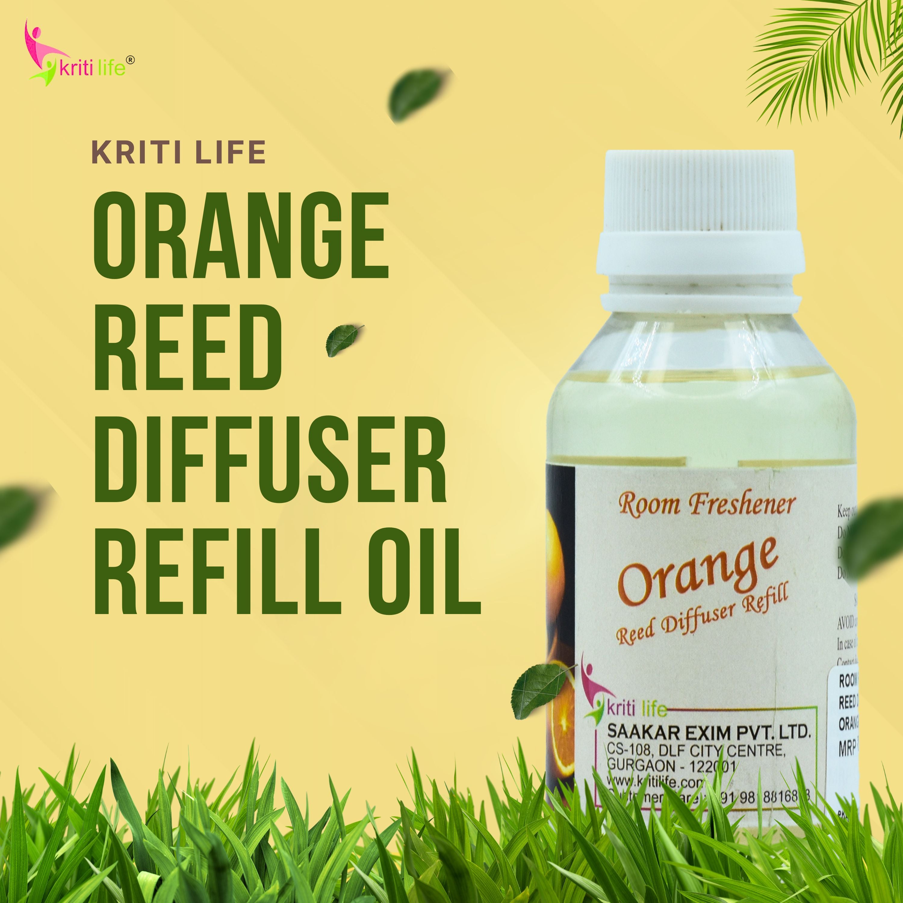 Kriti Life Reed Diffuser Refill - Orange 90ML Long-Lasting Room Fragrance