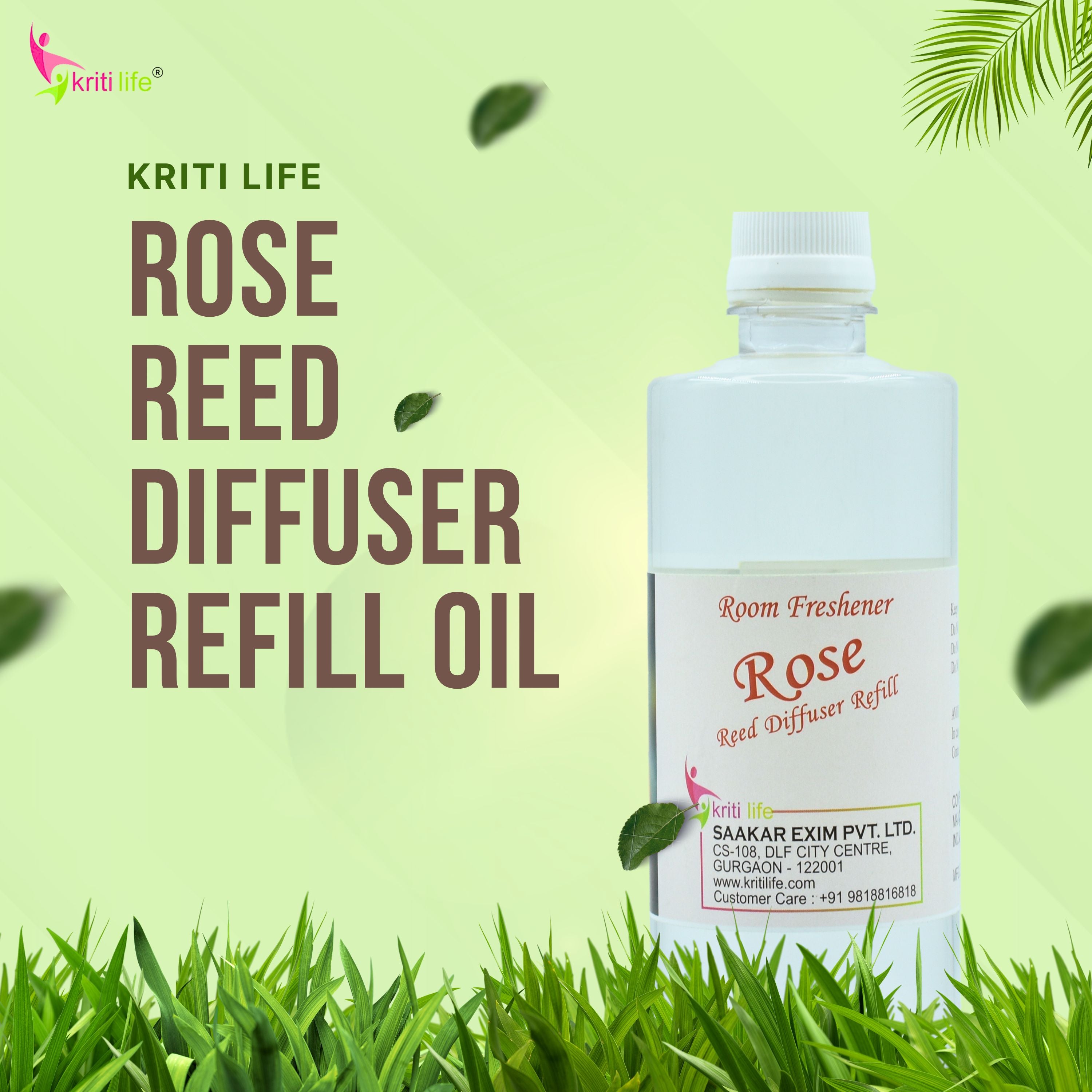 Kriti Life Reed Diffuser Refill - Rose 450ML Long-Lasting Room Fragrance