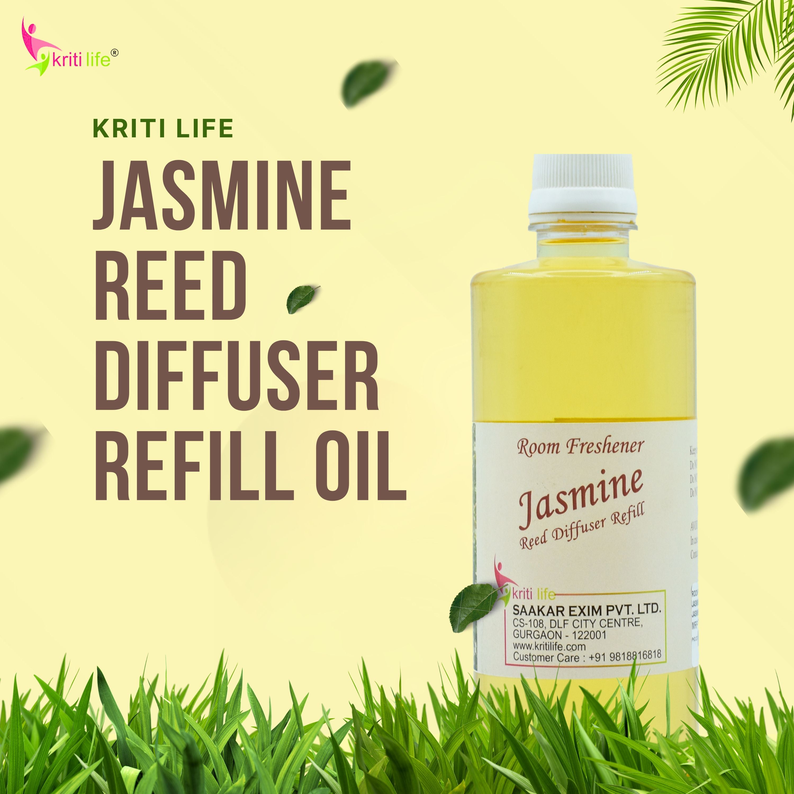 Kriti Life Reed Diffuser Refill - Jasmine 450ML Long-Lasting Room Fragrance