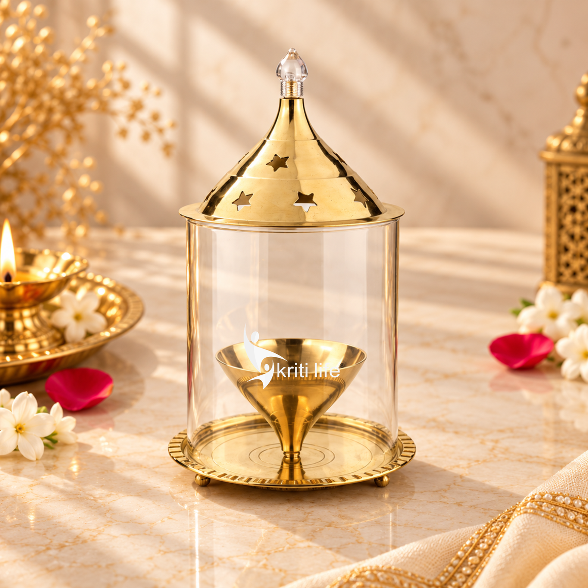 Kriti Life Akhand Jyot Diya –Big size – Brass Diya with Glass Cover for Safe and Continuous Flame | 8 inches