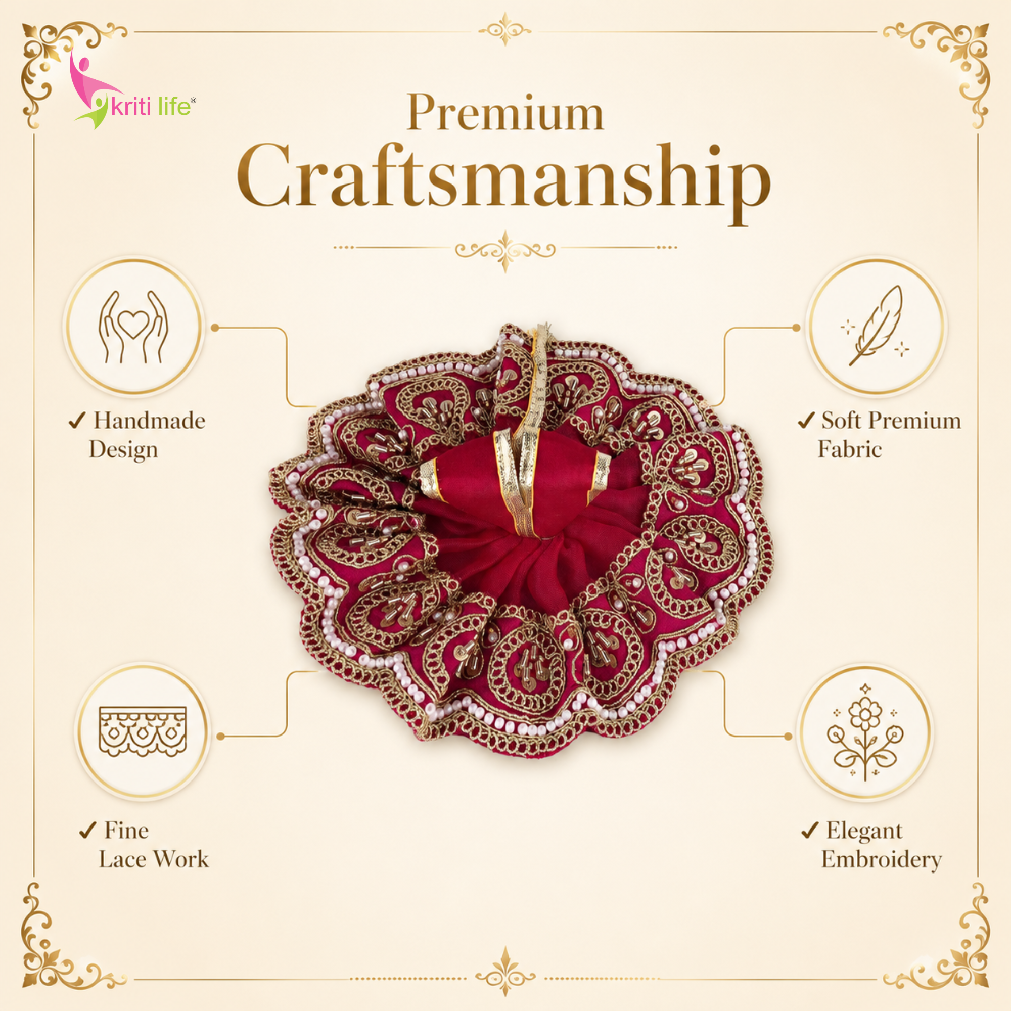 Traditional Red Laddu Gopal Dress for 4 Inch Idol – Golden Beads & Sequin Work Poshak