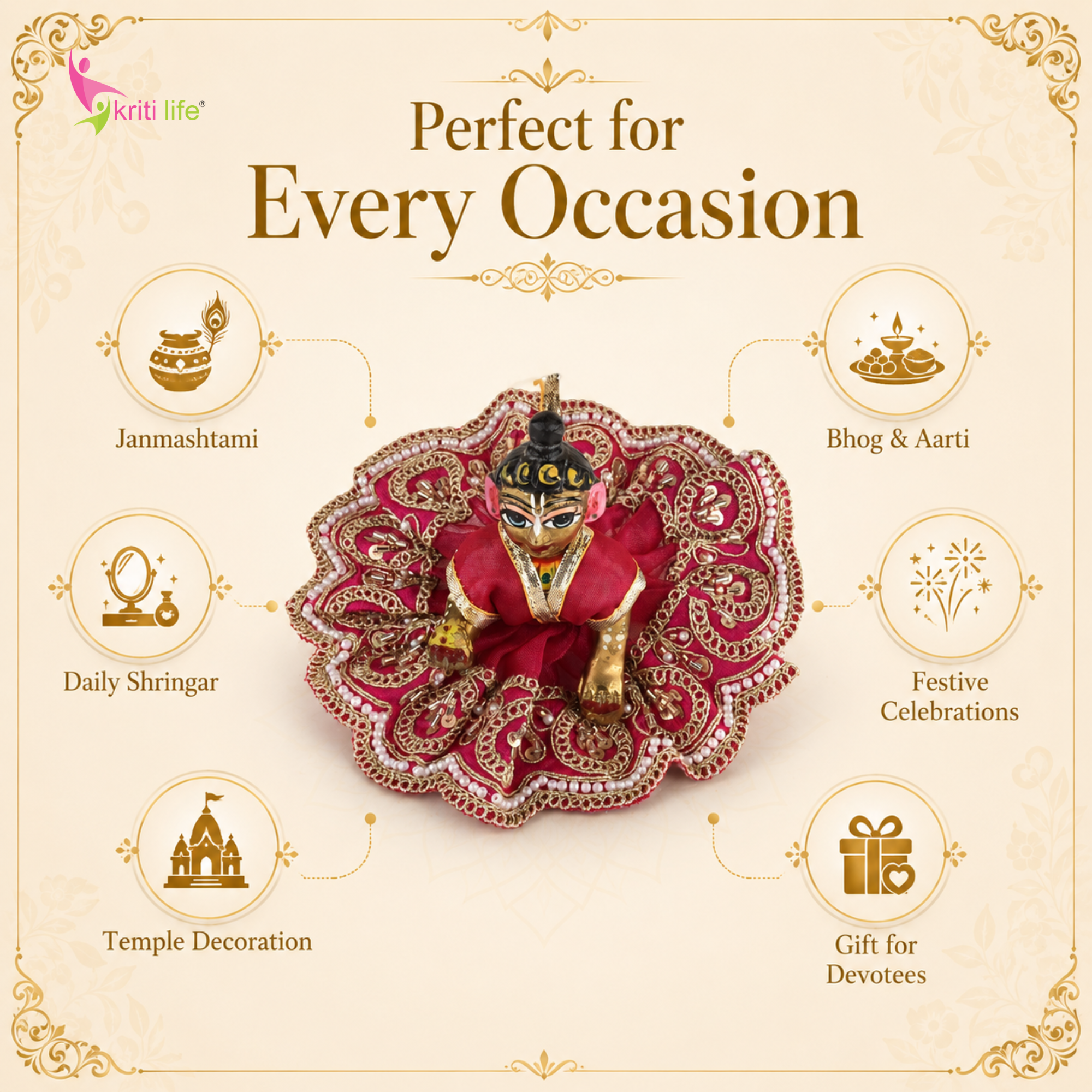 Traditional Red Laddu Gopal Dress for 4 Inch Idol – Golden Beads & Sequin Work Poshak