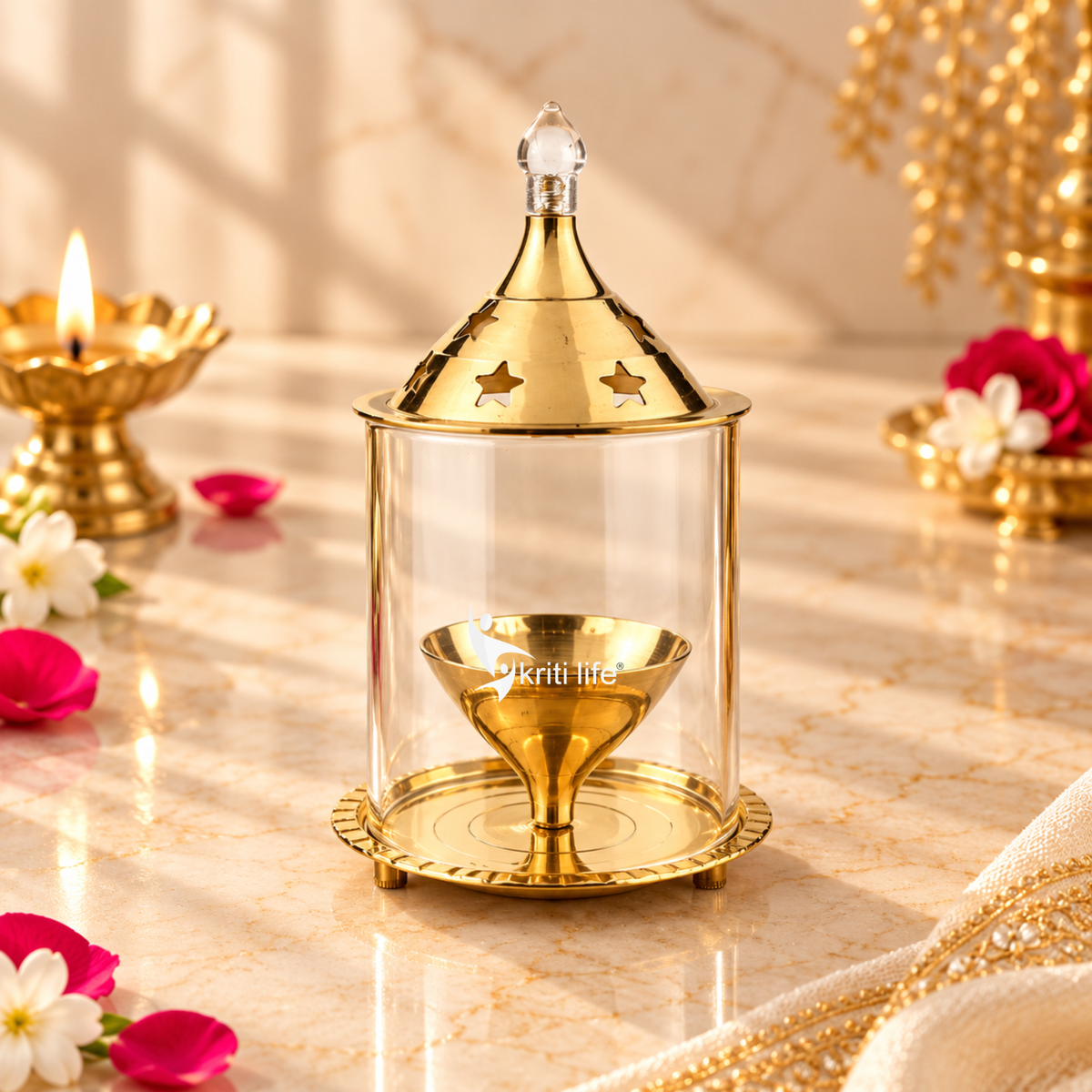 Kriti Life Akhand Jyot Diya– Medium Size– Brass Diya with Glass Cover for Safe and Continuous Flame | 6 inches