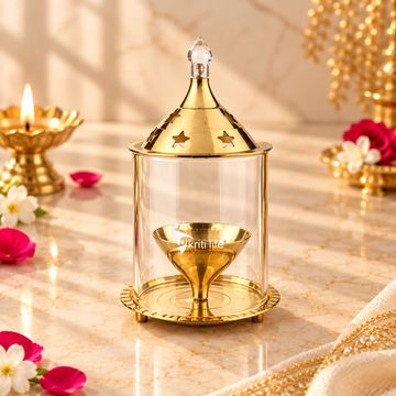 Kriti Life Akhand Jyot Diya– Medium Size– Brass Diya with Glass Cover for Safe and Continuous Flame | 6 inches