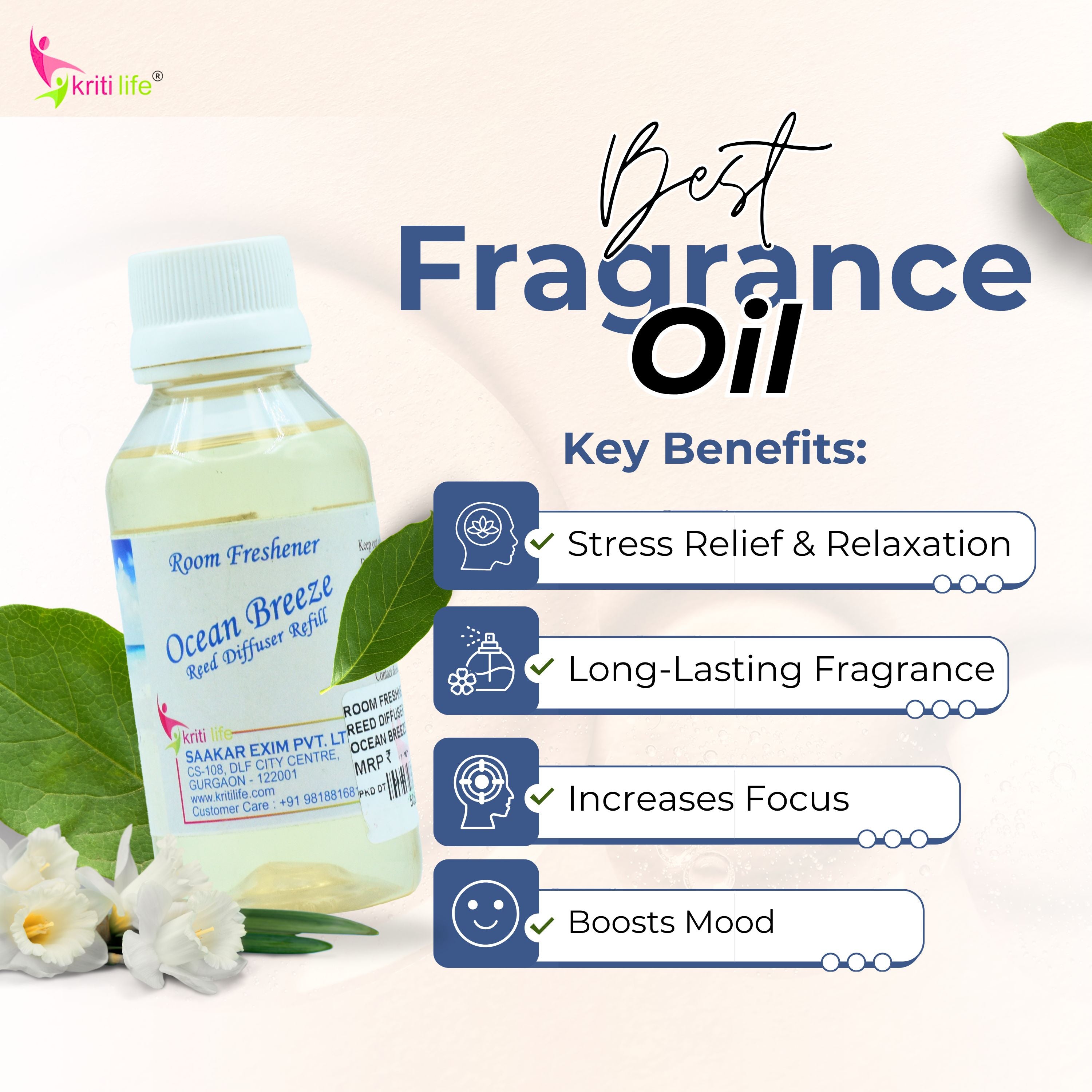 Kriti Life Reed Diffuser Refill - Ocean Breeze 90ML Long-Lasting Room Fragrance