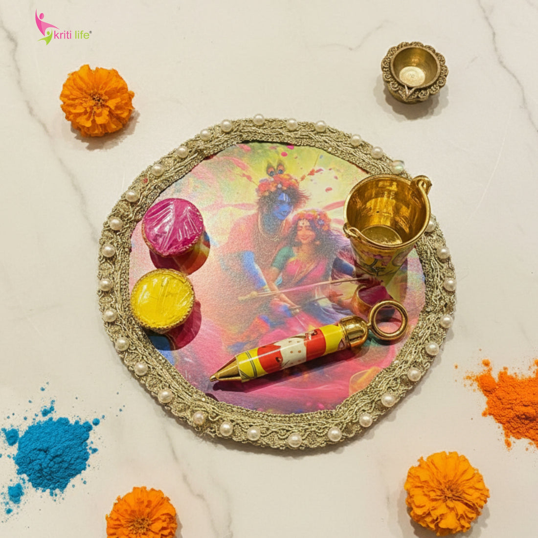 Holi Pooja Thali Set With Gula, Mini Pichkari and Bucket