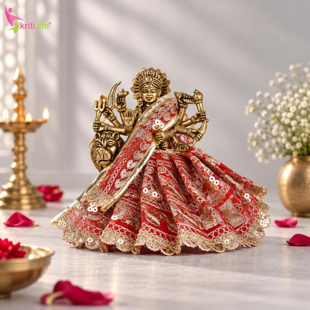 Maa Durga Dress 4 Inch for 7 Inch Idol | Red Embroidered Poshak with Dupatta