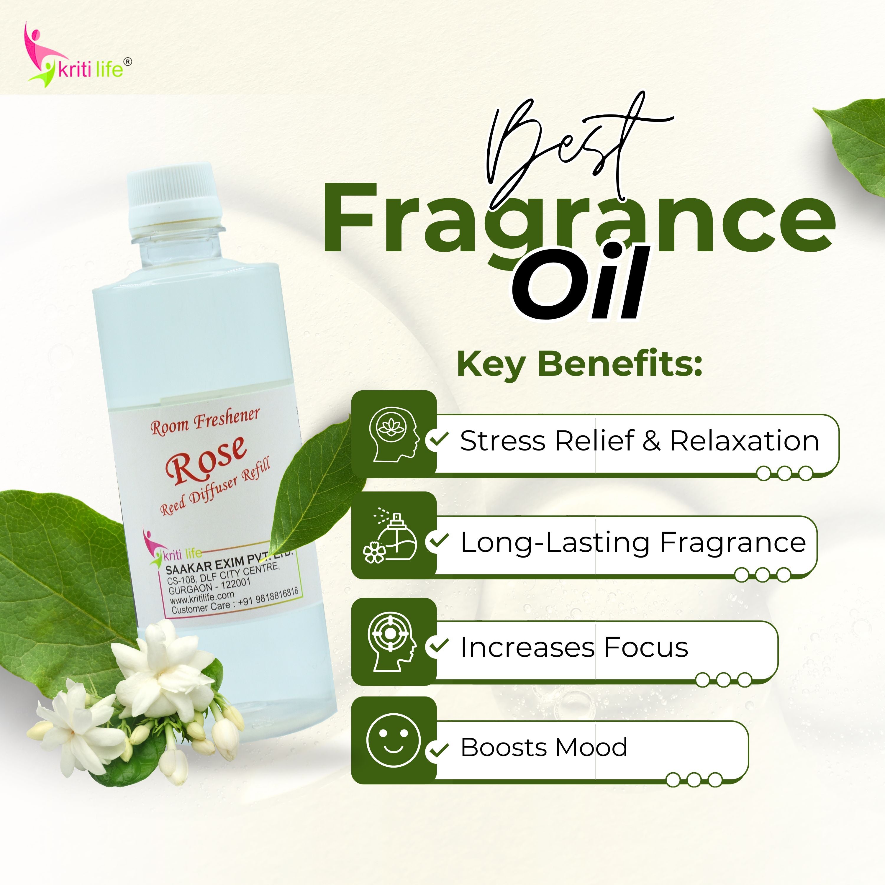 Kriti Life Reed Diffuser Refill - Rose 450ML Long-Lasting Room Fragrance