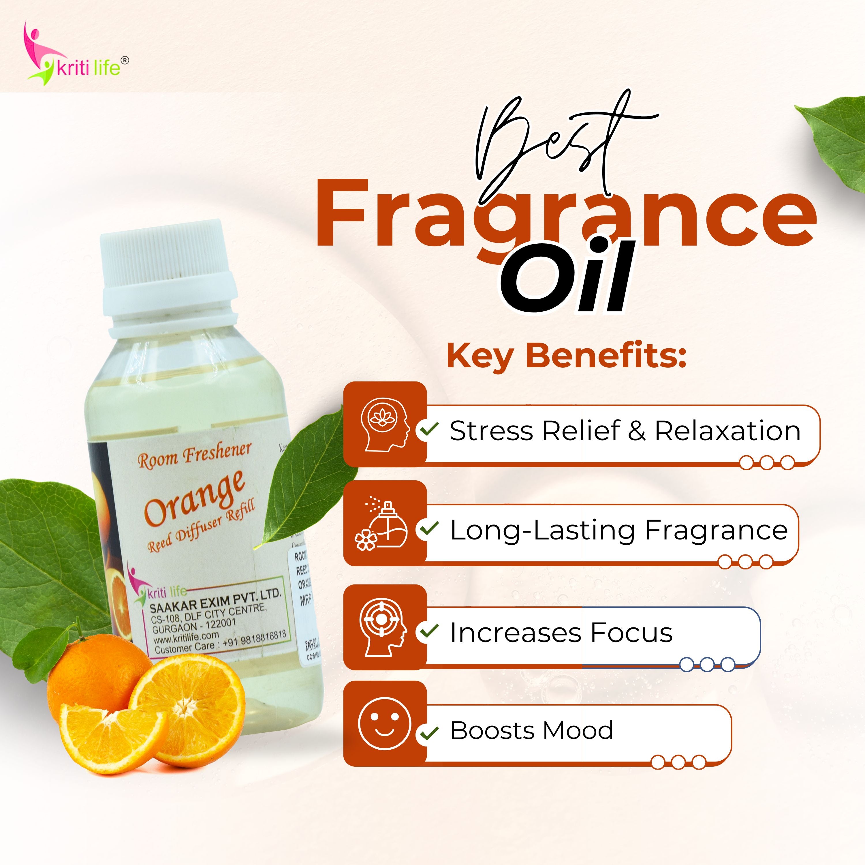 Kriti Life Reed Diffuser Refill - Orange 90ML Long-Lasting Room Fragrance