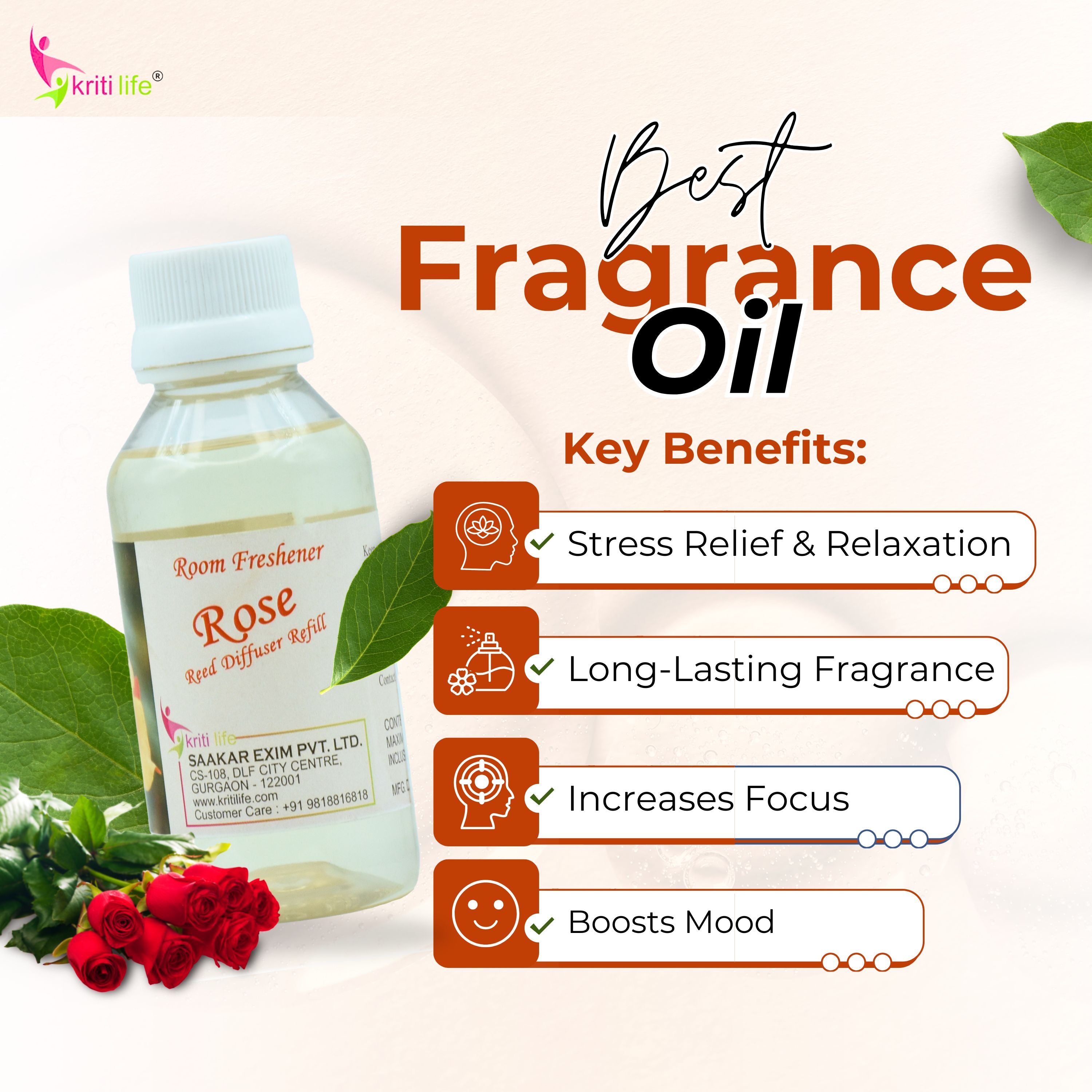 Kriti Life Reed Diffuser Refill - Rose 90ML Long-Lasting Room Fragrance