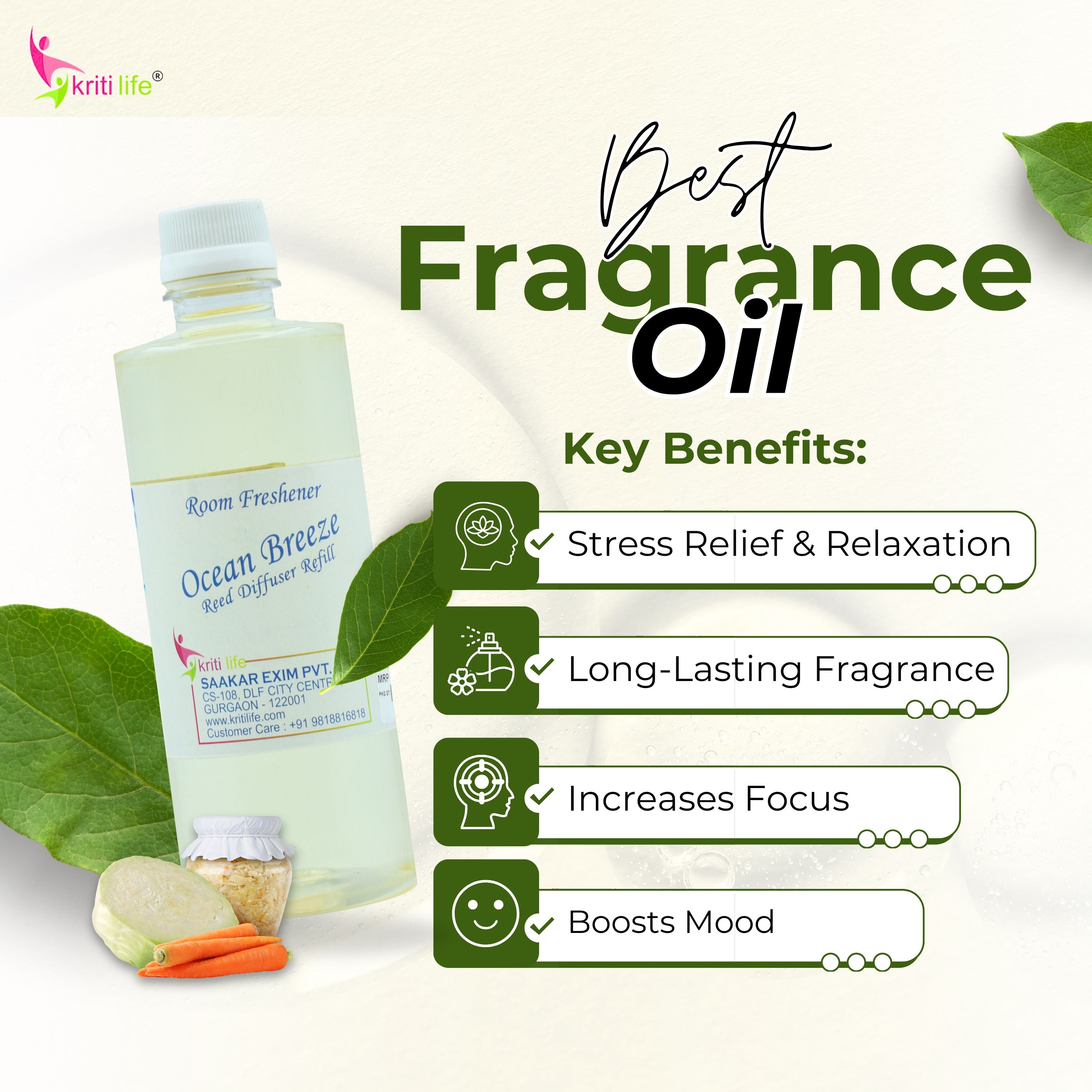 Kriti Life Reed Diffuser Refill - Ocean Breeze 450ML Long-Lasting Room Fragrance