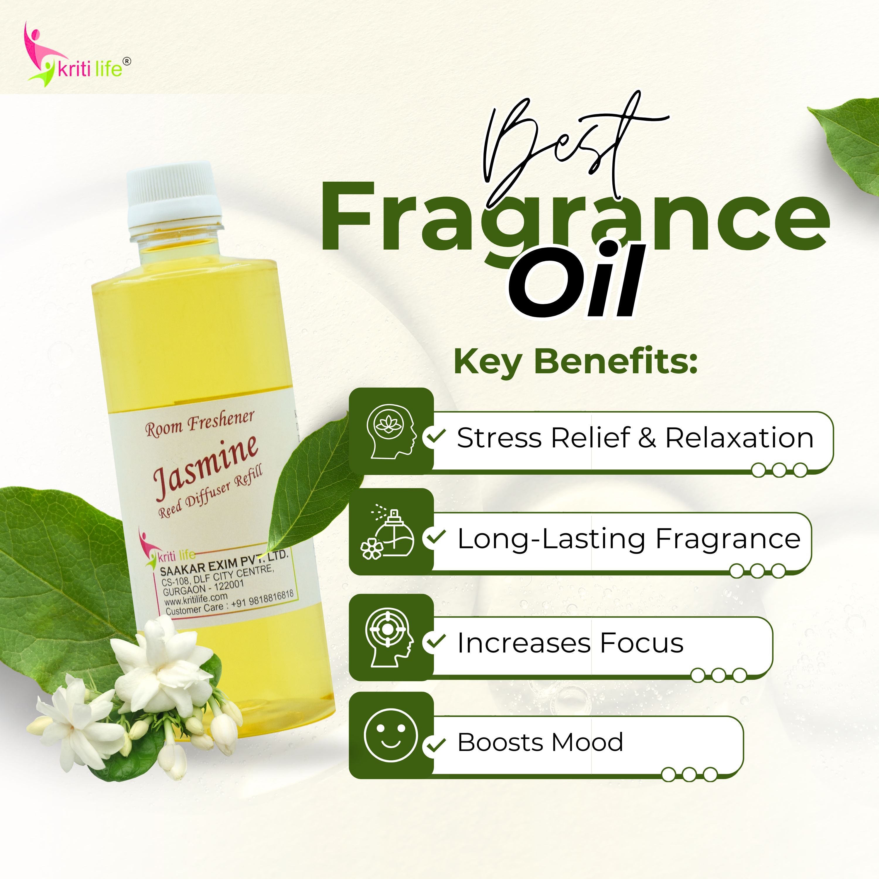 Kriti Life Reed Diffuser Refill - Jasmine 450ML Long-Lasting Room Fragrance