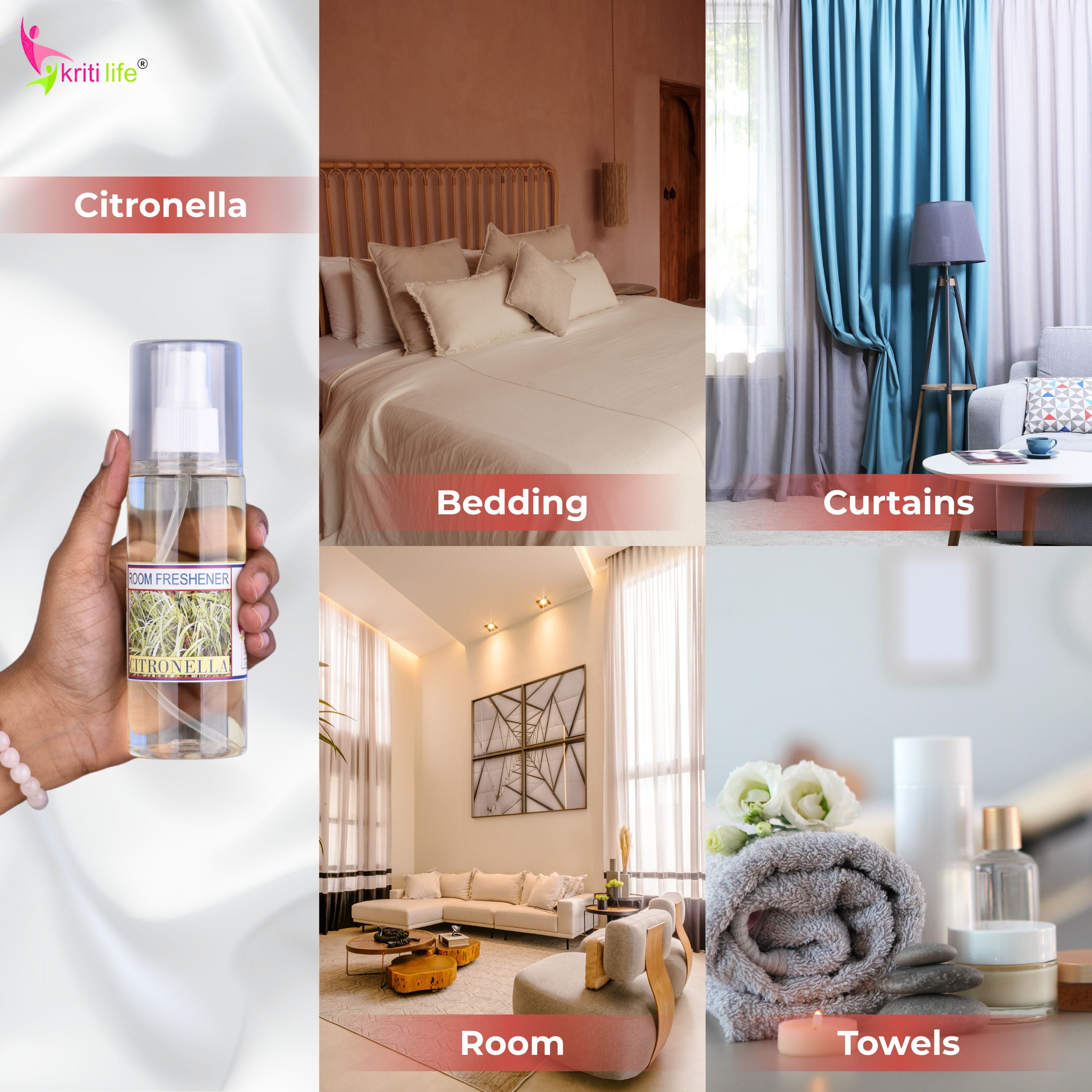 Kriti Life Room Spray - Citronella 165 ML Long-Lasting Fragrance for Home &amp; Office