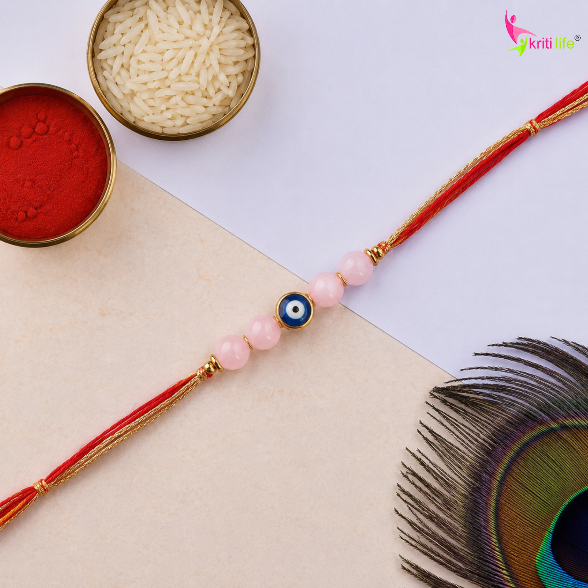 Rose Quartz Evil Eye Rakhi | Handmade Natural Stone Rakhi