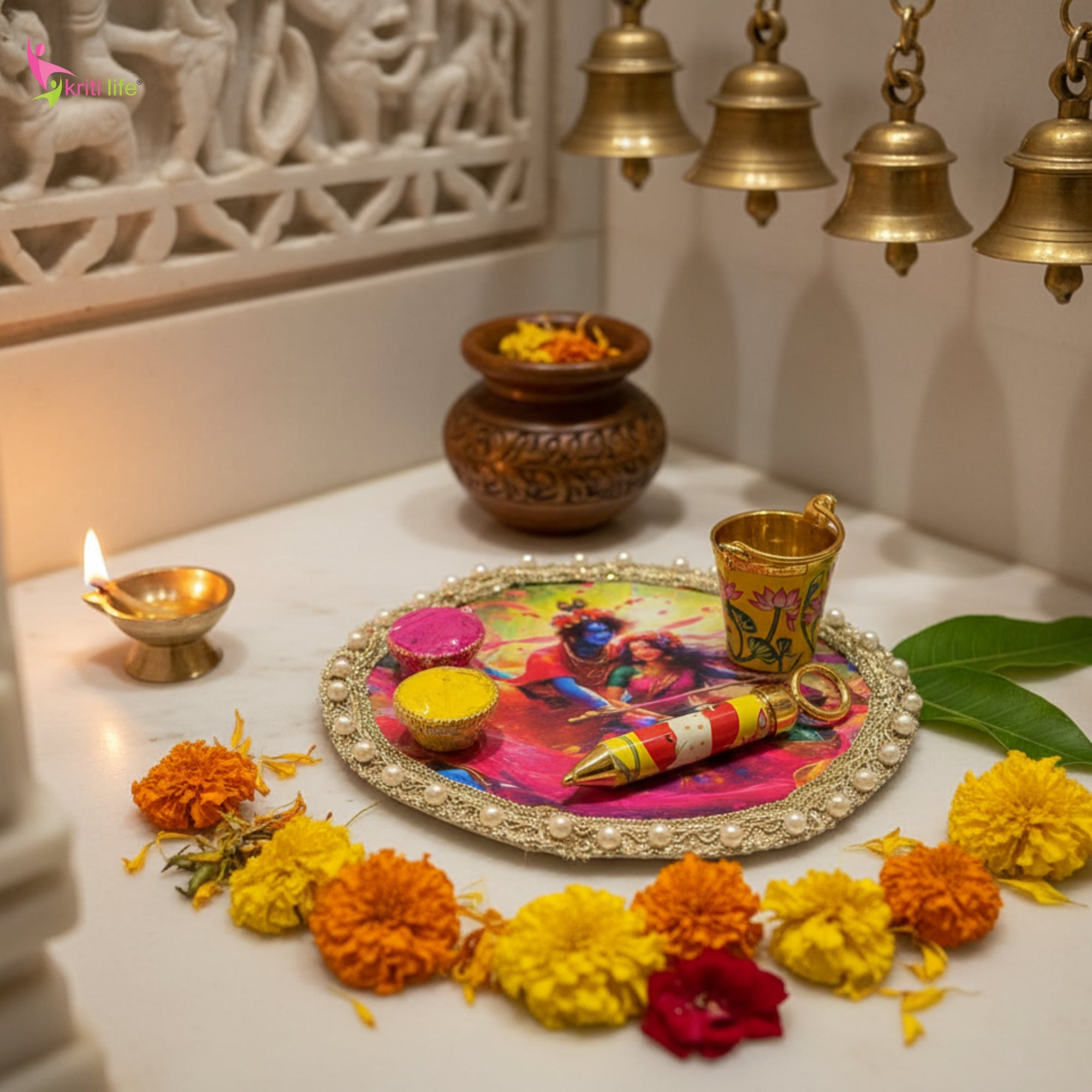 Holi Pooja Thali Set With Gula, Mini Pichkari and Bucket