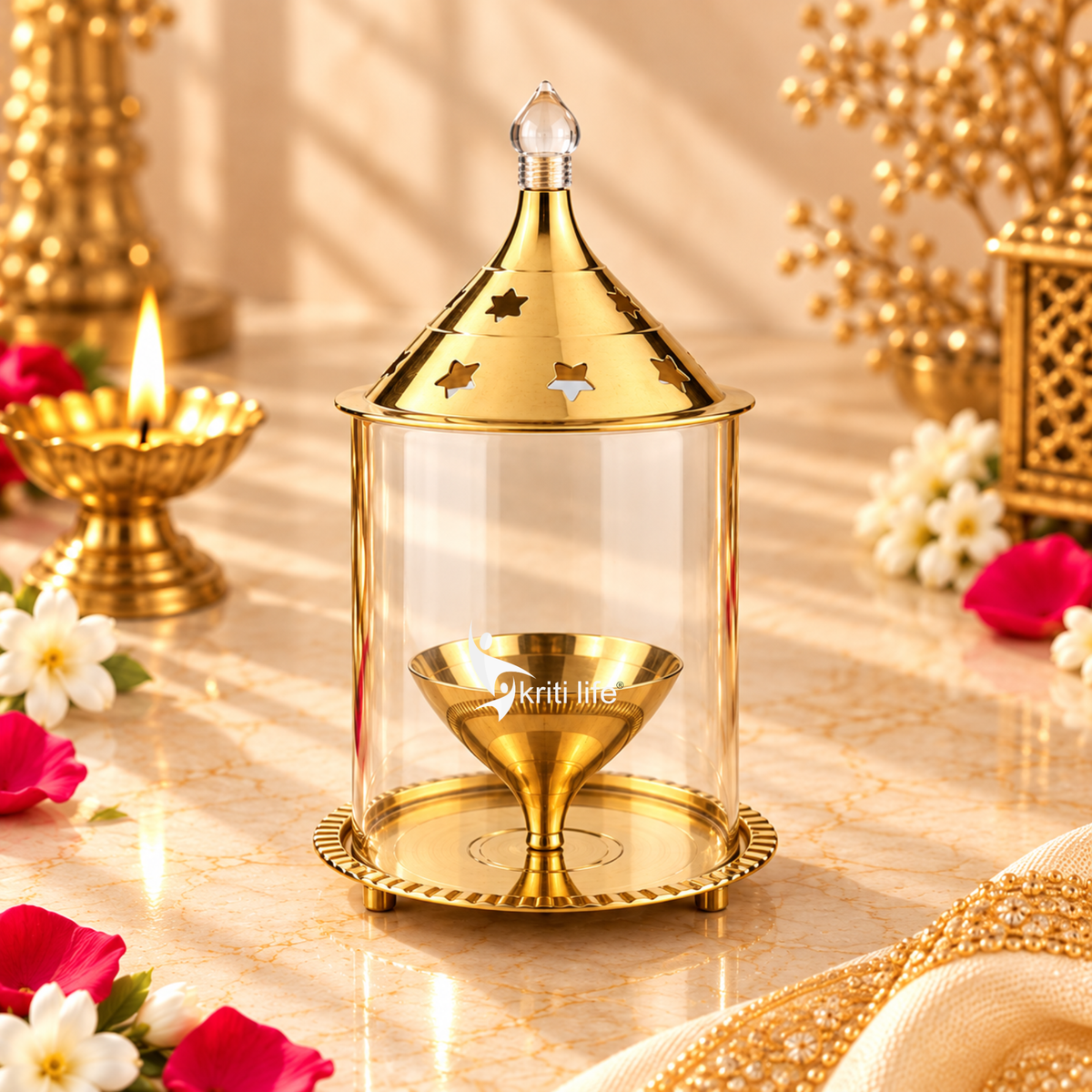 Kriti Life Akhand Jyot Diya – Small size – Brass Diya with Glass Cover for Safe and Continuous Flame | 5 inches
