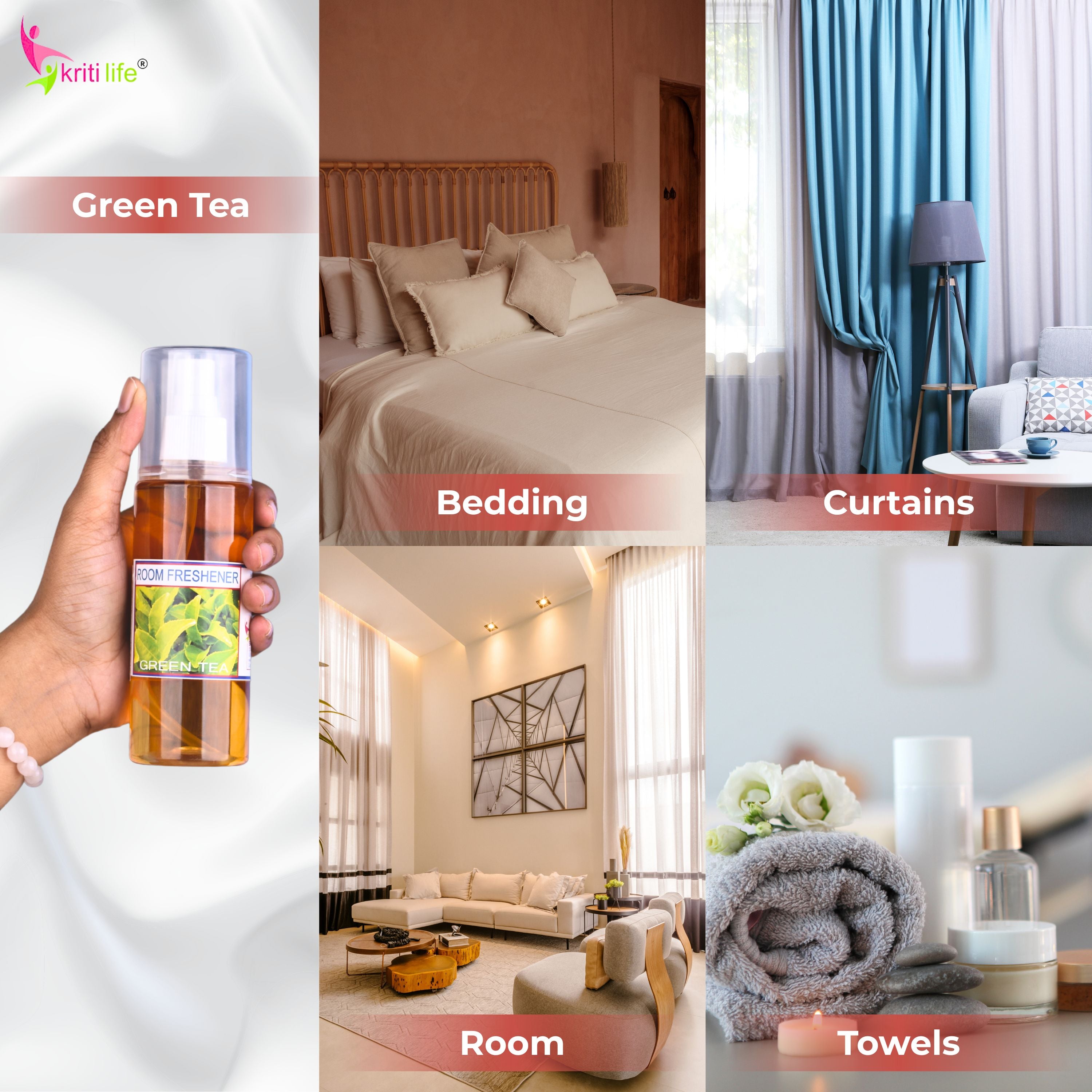 Kriti Life Room Spray - Green Tea 165 ML Long-Lasting Fragrance for Home &amp; Office.
