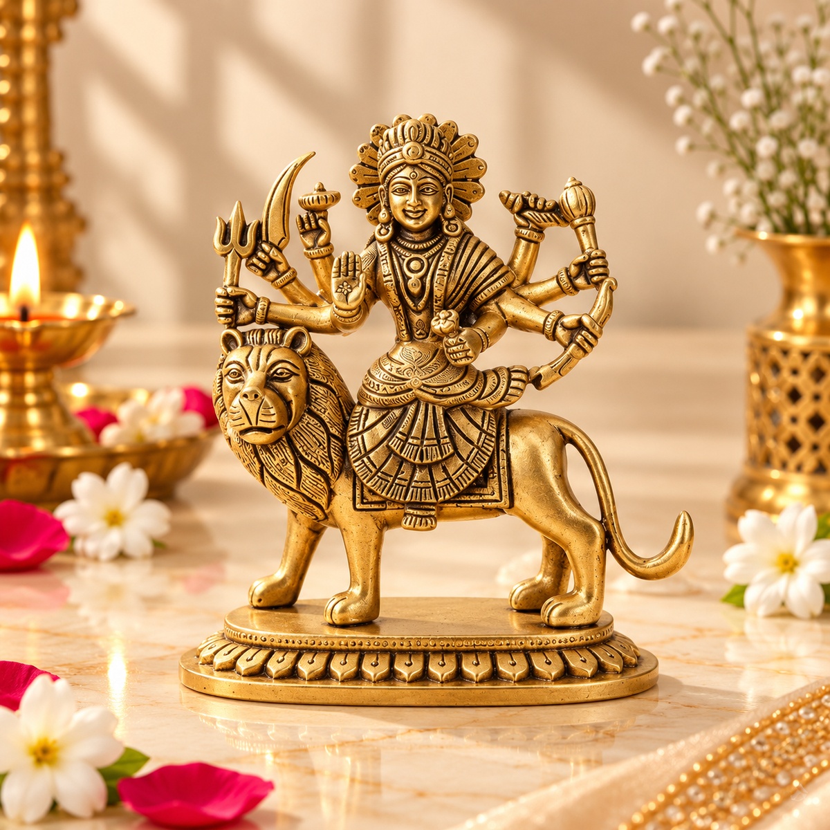 Brass Durga Maa Idol on Lion | 5.5 inches | 8-Handed Hindu Goddess Figurine for Navratri, Diwali & Gift