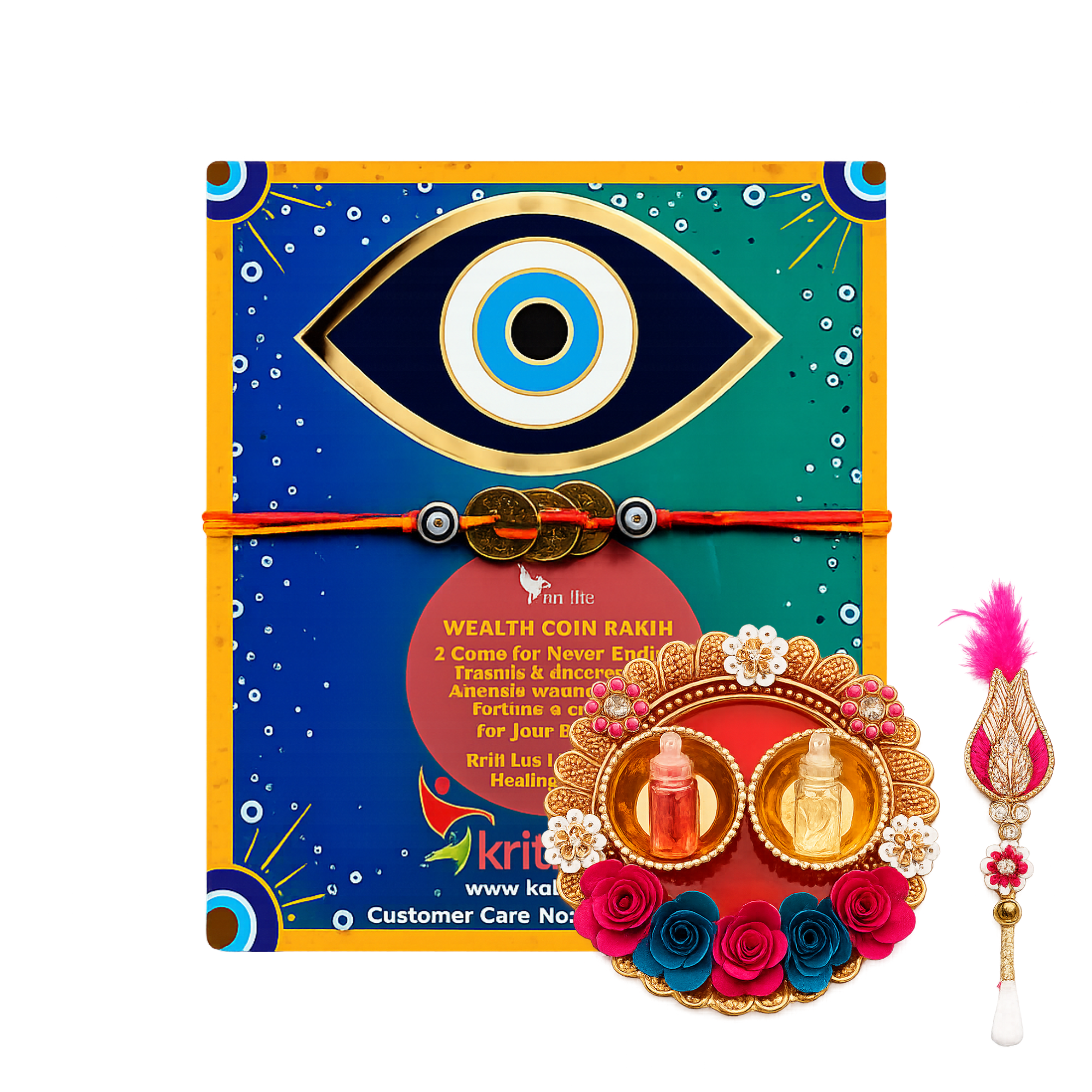 Wealth Coin Evil Eye Rakhi | Raksha Bandhan Rakhi Gift Set with Roli Chawal Platter