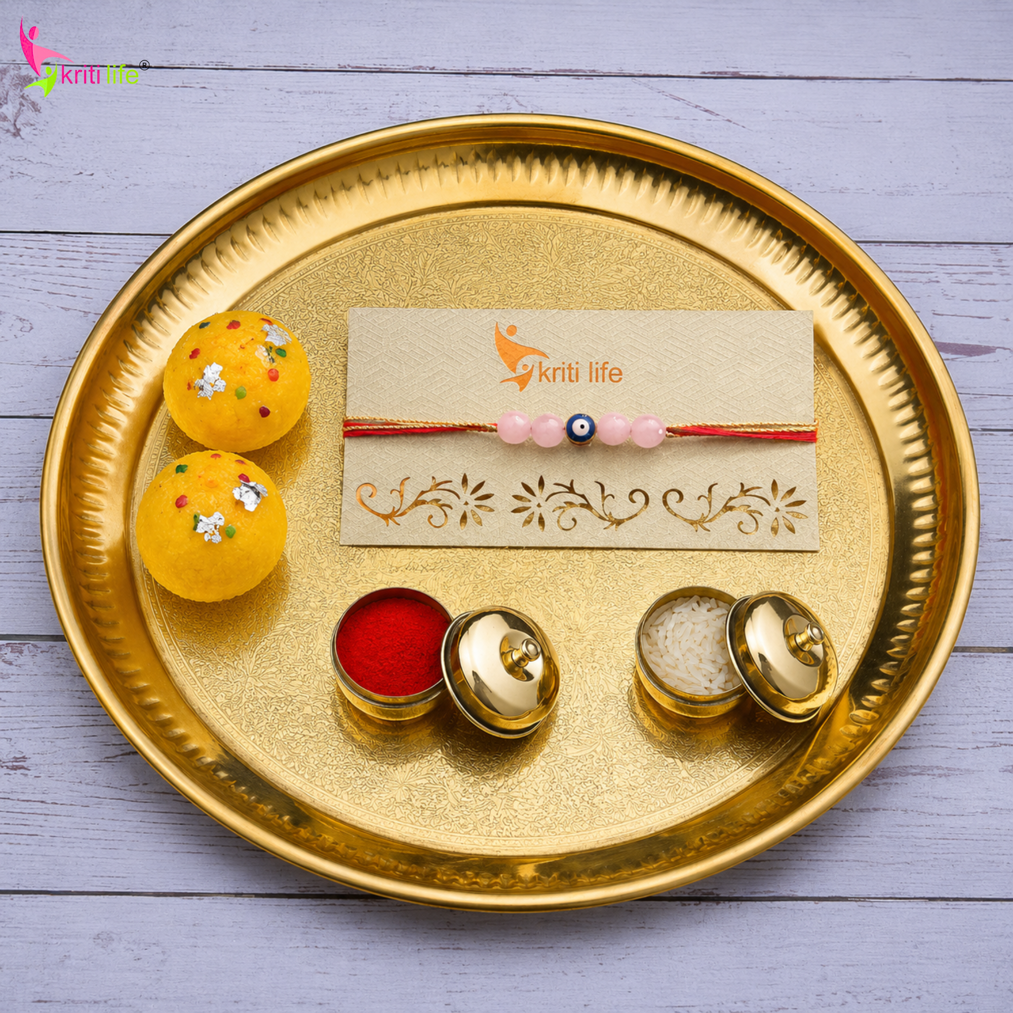Rose Quartz Evil Eye Rakhi | Handmade Natural Stone Rakhi