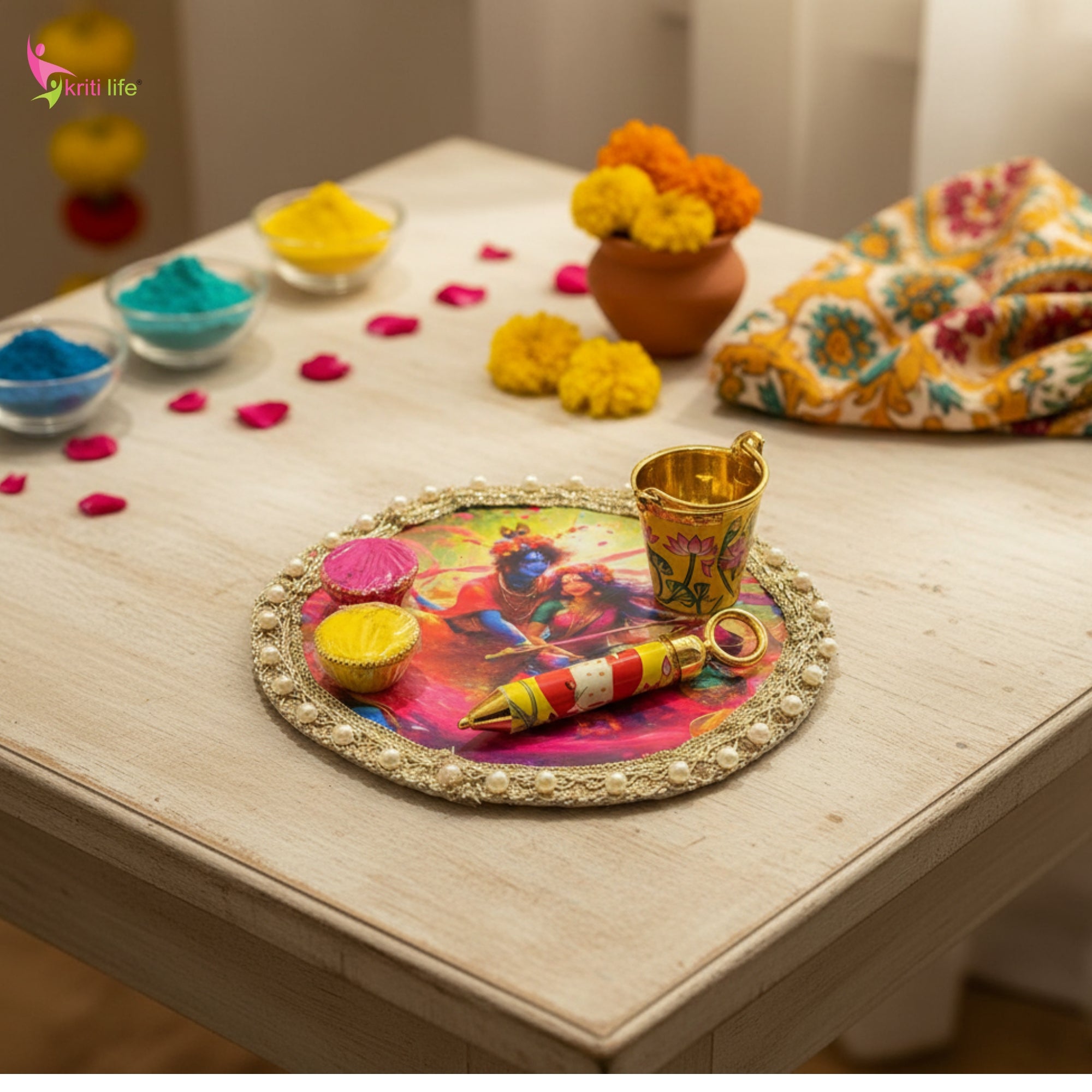 Holi Pooja Thali Set With Gula, Mini Pichkari and Bucket