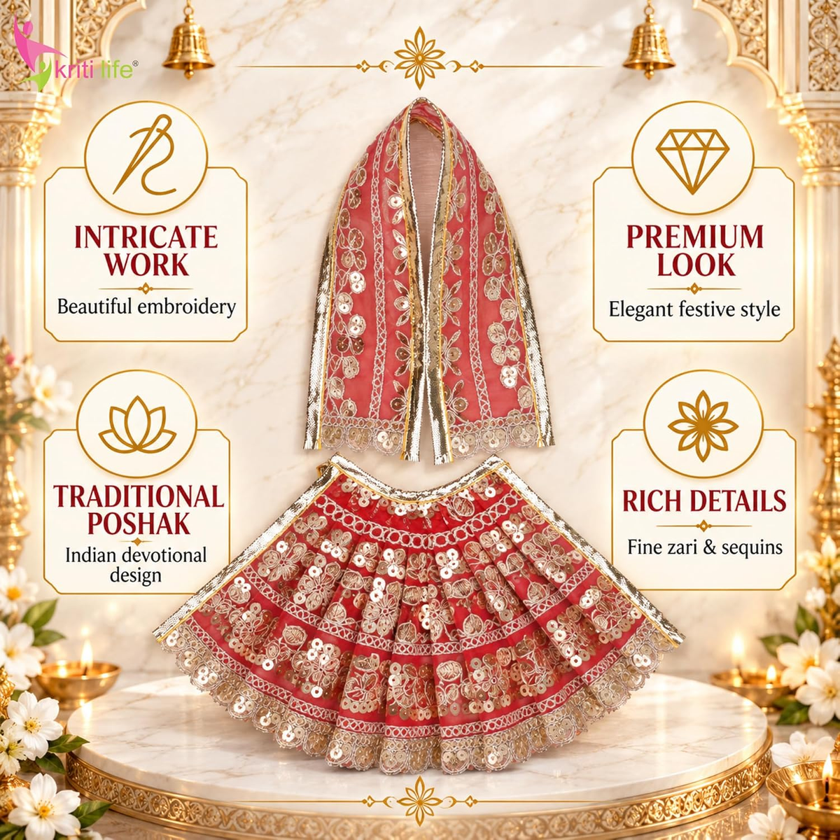 Maa Durga Dress 4 Inch for 7 Inch Idol | Red Embroidered Poshak with Dupatta