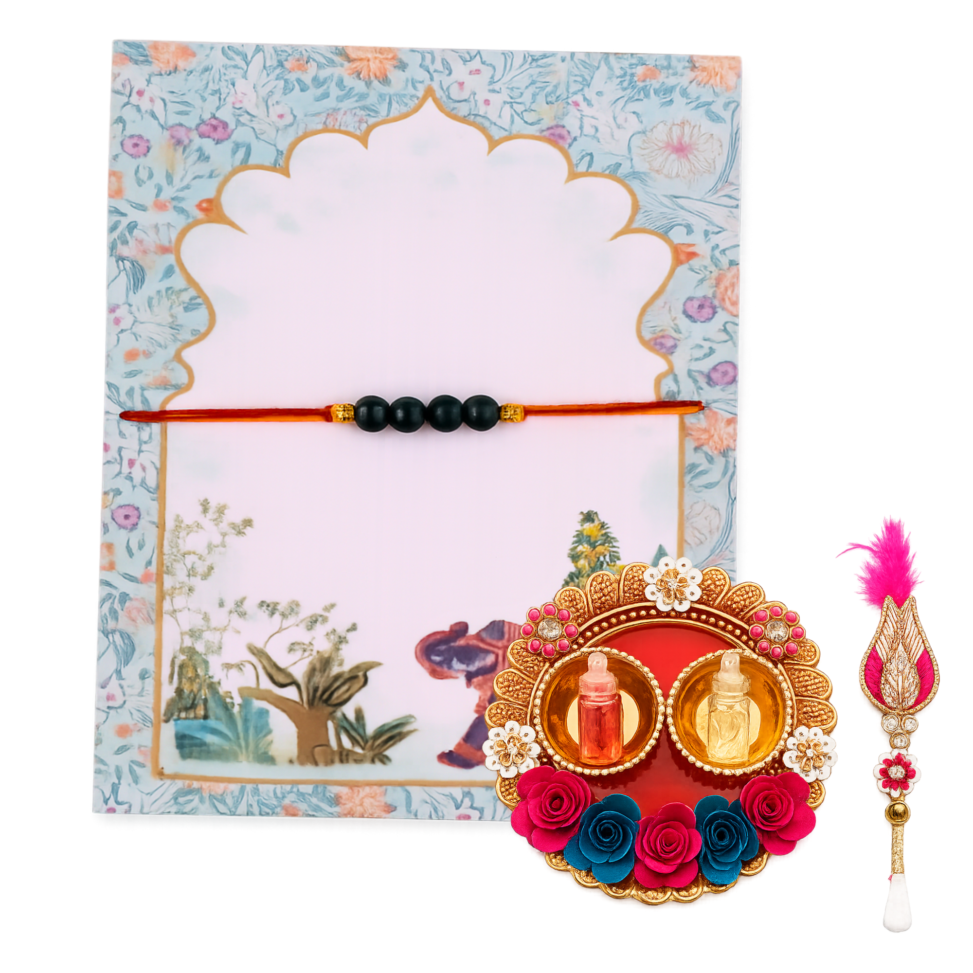 Malachite Gemstone Rakhi | Handmade Natural Stone Rakhi Gift Set with Roli Chawal Platter