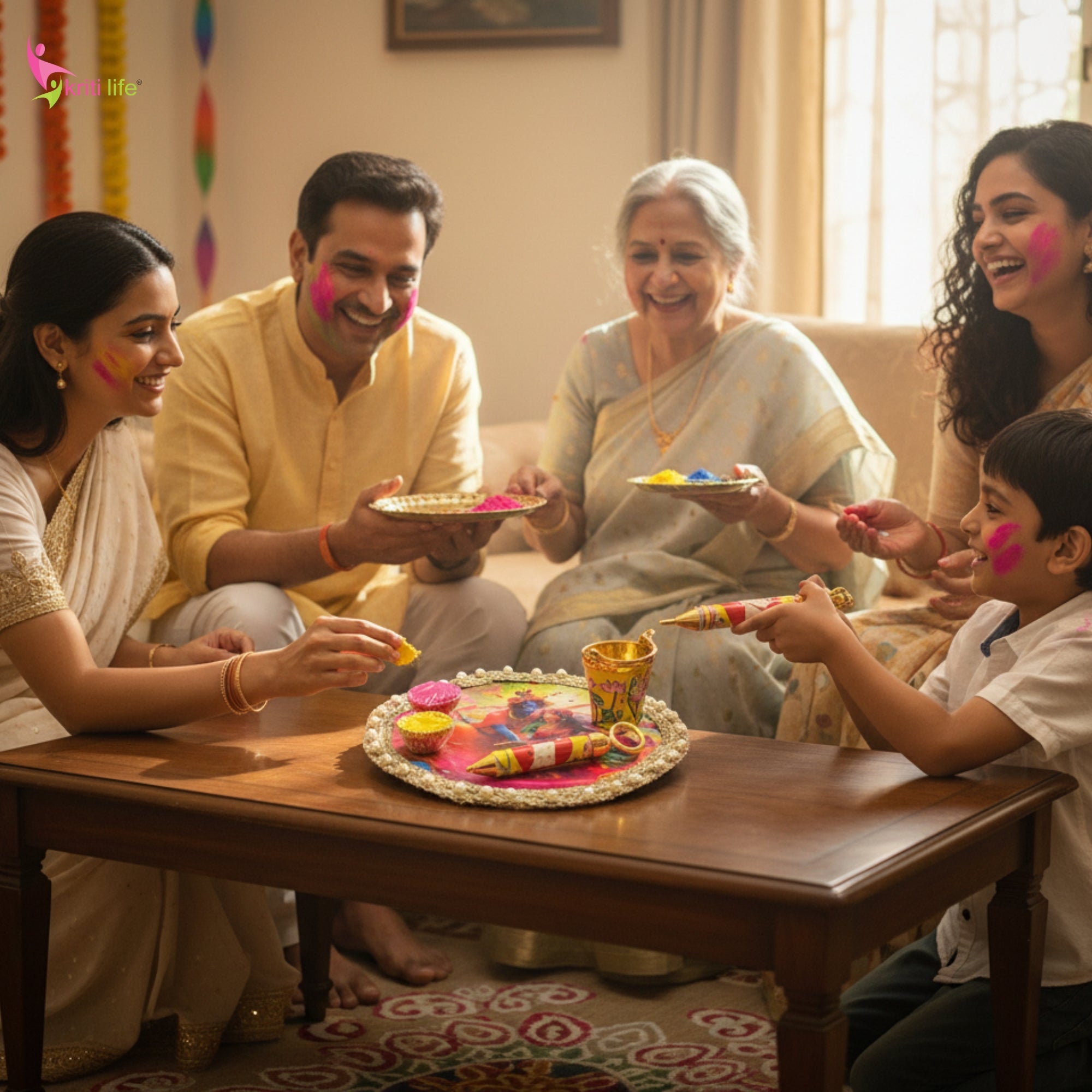 Holi Pooja Thali Set With Gula, Mini Pichkari and Bucket