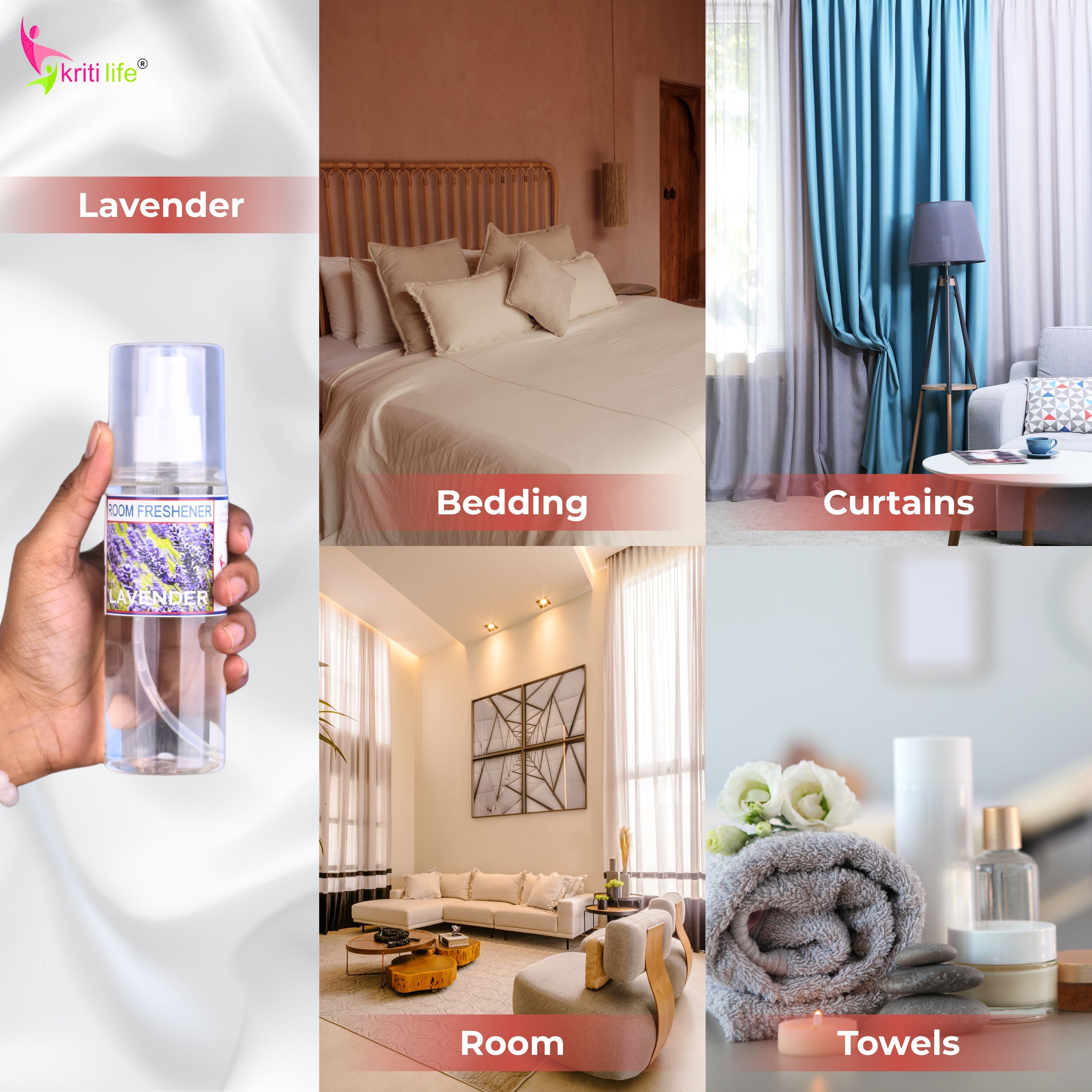 Kriti Life Room Spray - Lavender 165 ML Long-Lasting Fragrance for Home &amp; Office