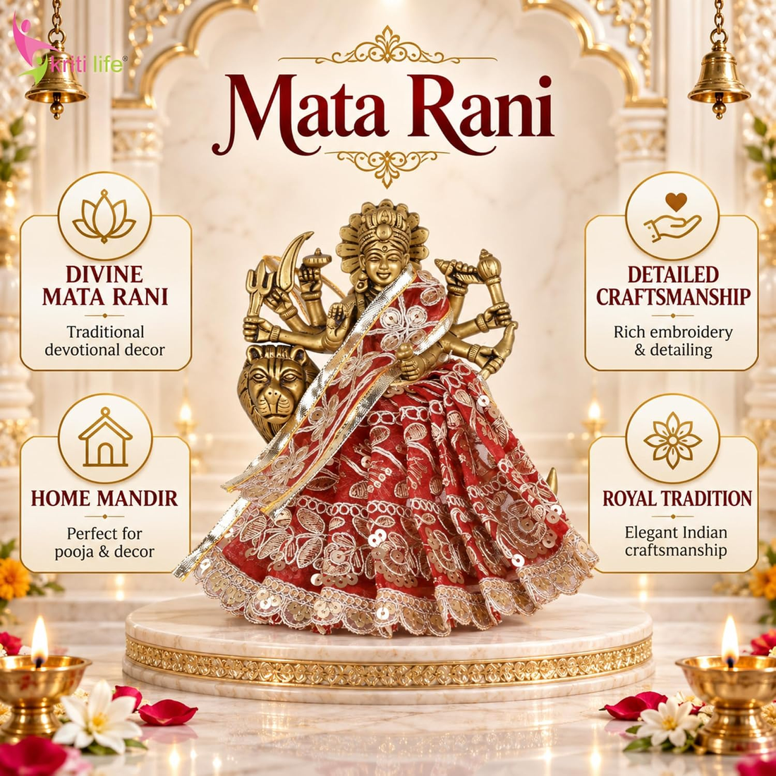 Maa Durga Dress 4 Inch for 7 Inch Idol | Red Embroidered Poshak with Dupatta
