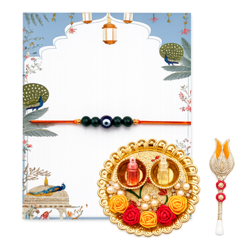 Malachite & Evil Eye Rakhi | Handmade Natural Stone Rakhi Gift Set with Roli Chawal Platter