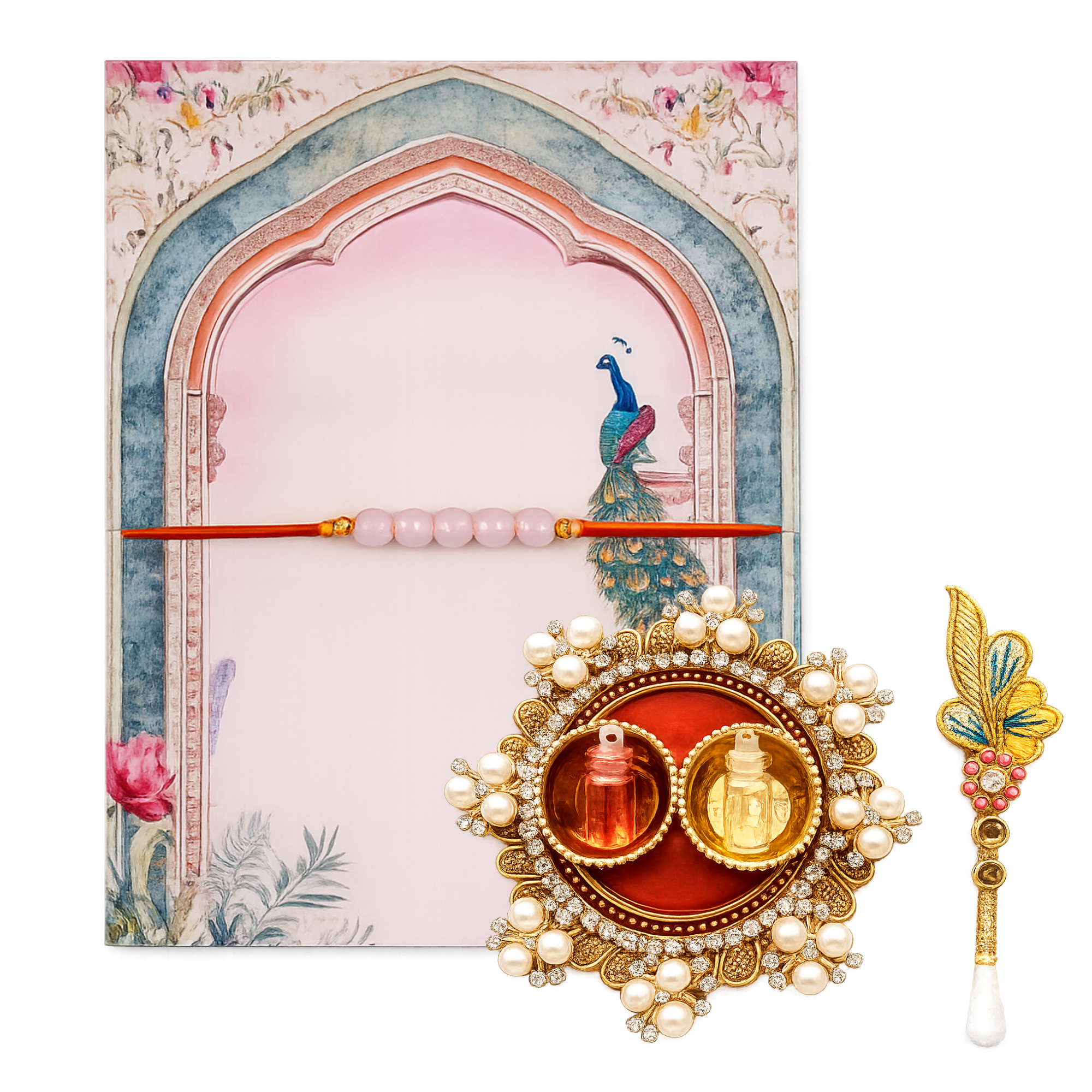 Rose Quartz Rakhi | Handmade Natural Stone rakhi Gift Set with Roli Chawal Platter