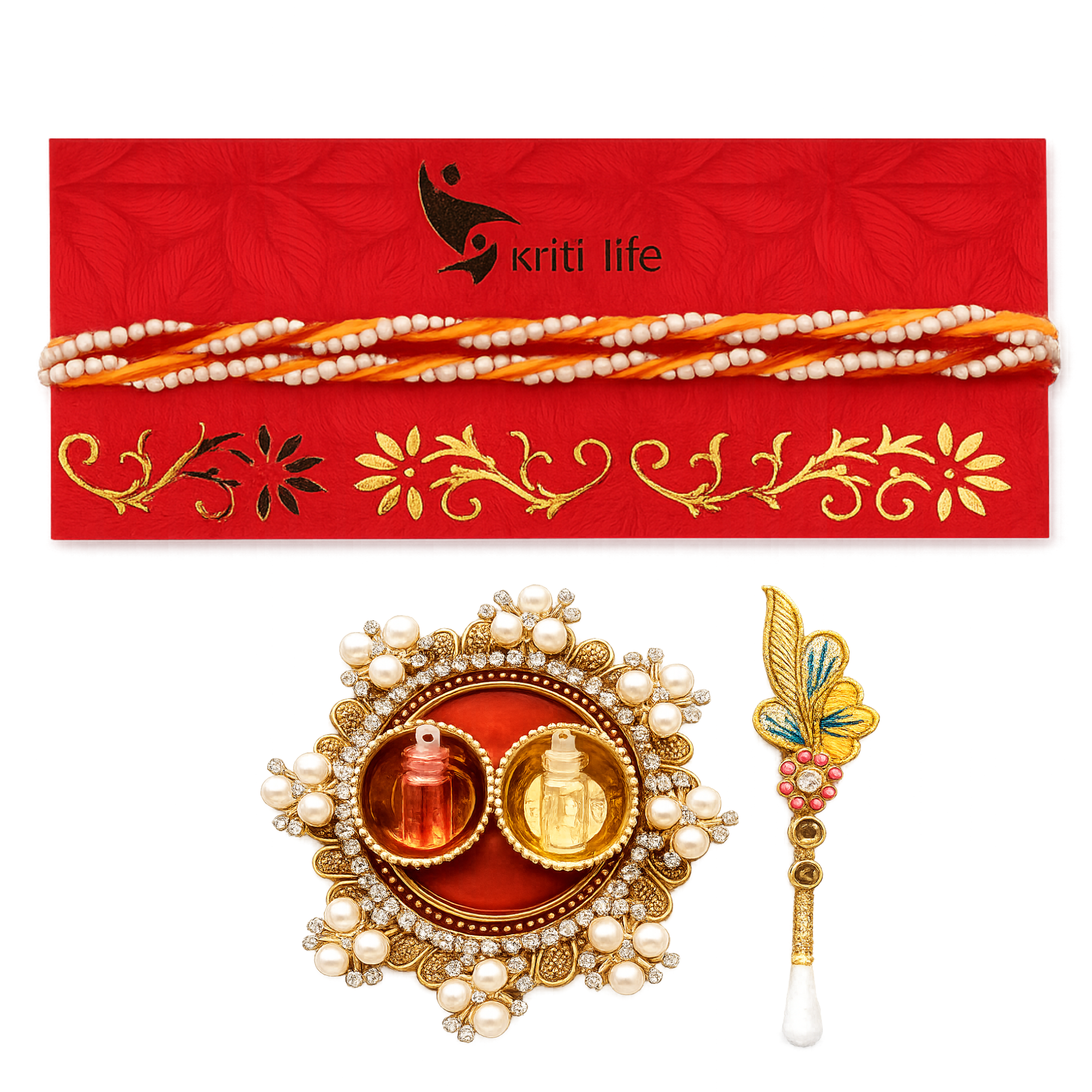 Pearl Beads Mouli Rakhi Set of 2 Gift Set with Roli Chawal Platter