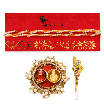 Pearl Beads Mouli Rakhi Set of 2 Gift Set with Roli Chawal Platter