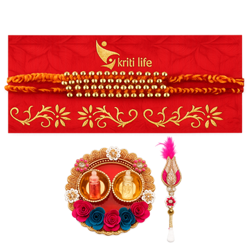 Handmade Mouli Thread Golden Beads Rakhi Set of 2 Gift Set with Roli Chawal Platter