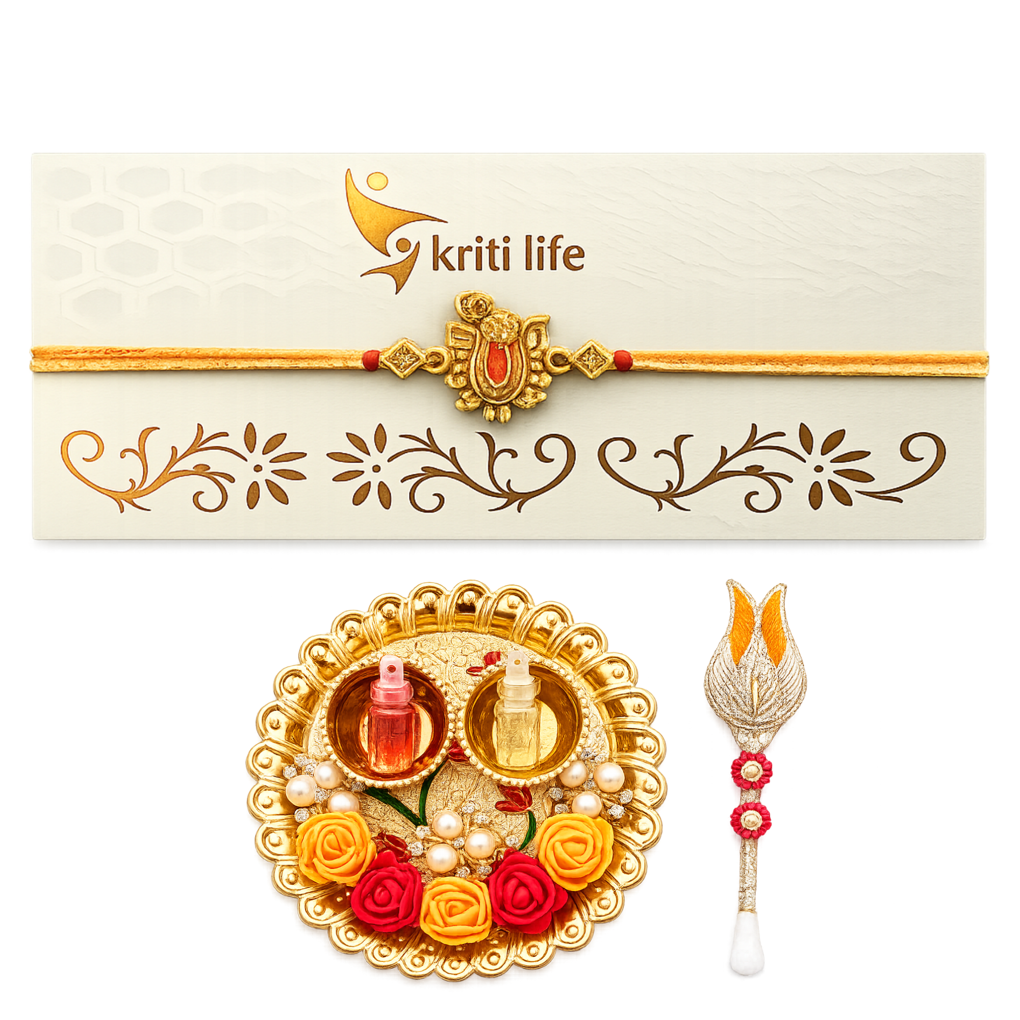 Handmade Shreenath Ji Rakhi with Golden Thread Gift Set with Roli Chawal Platter